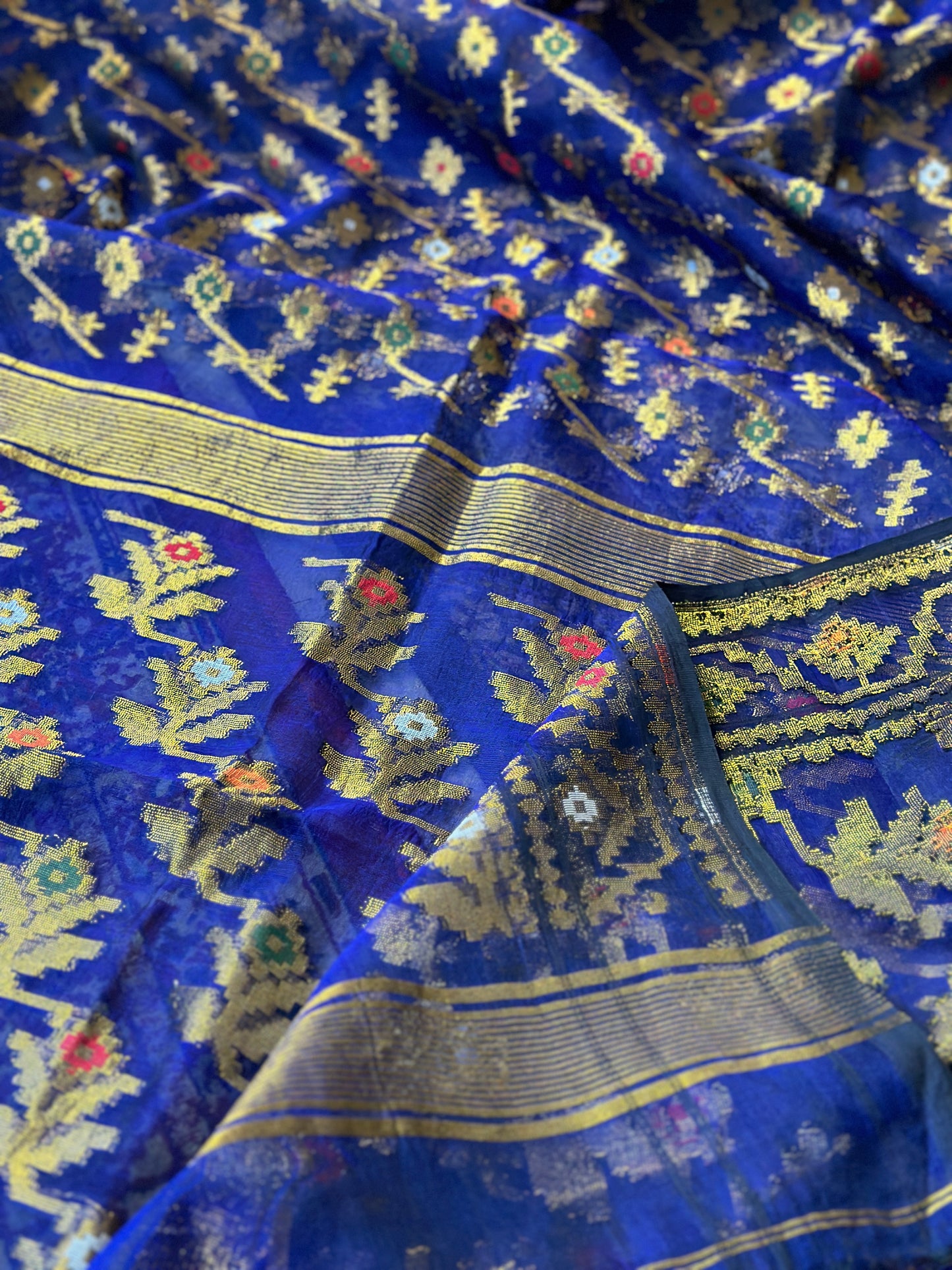 Blue Pure Muslin Silk Handloom Jamdani Saree