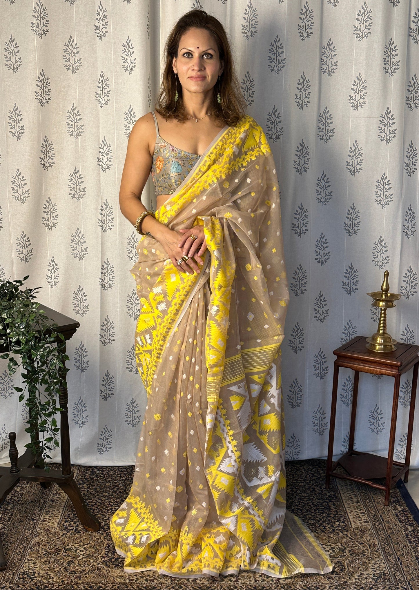 Nude & Yellow Jacquard Weaving Cotton Silk Jamdani Sari with Zari Work