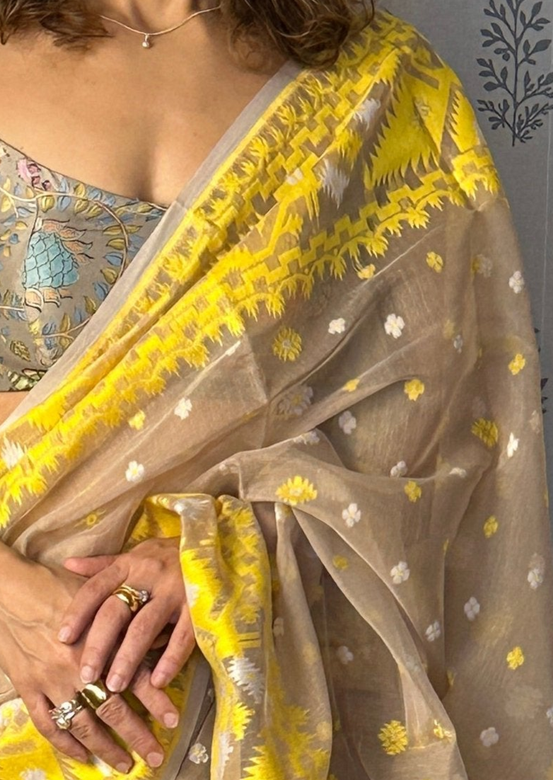 Nude & Yellow Jacquard Weaving Cotton Silk Jamdani Sari with Zari Work