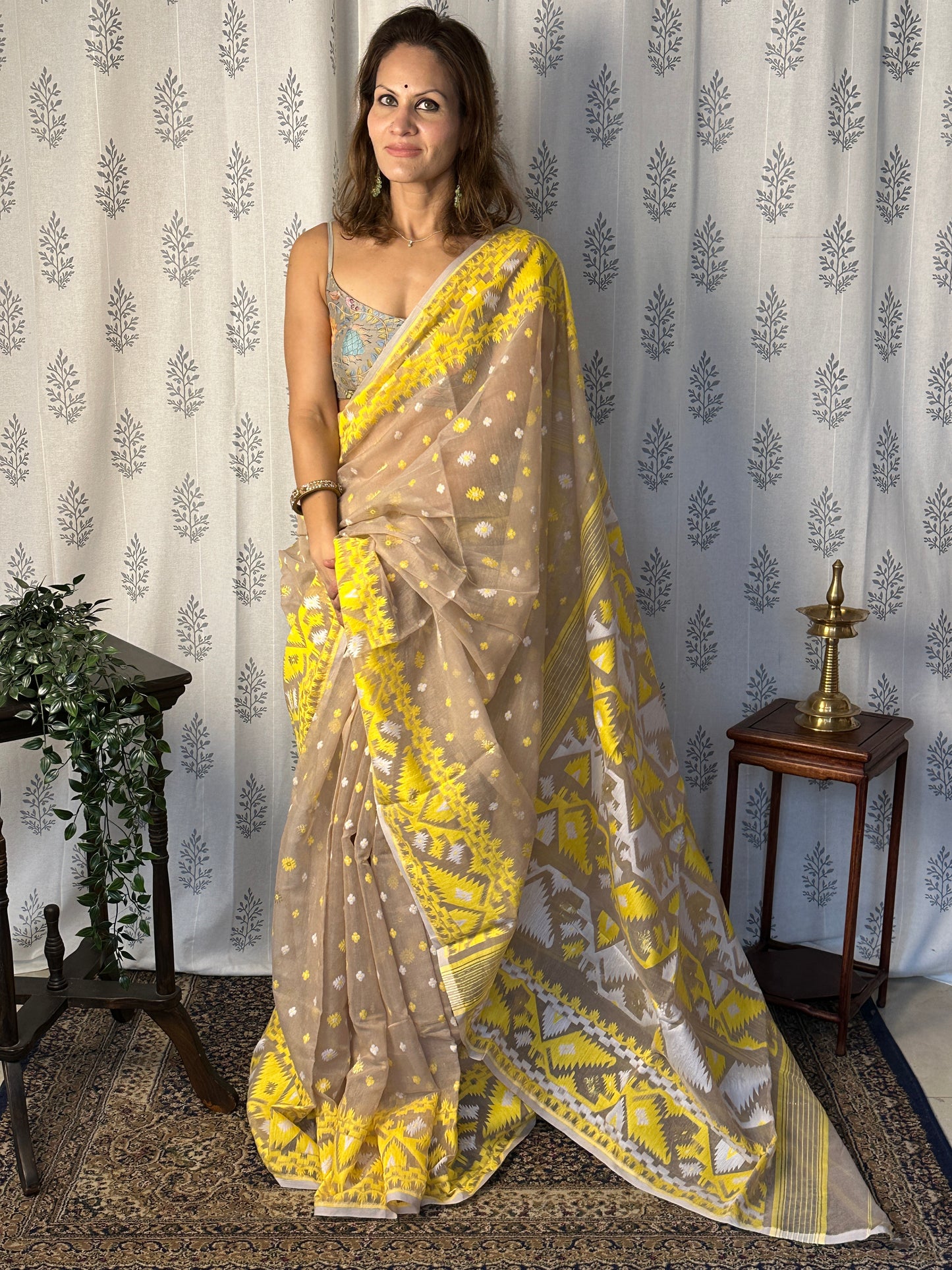 Nude & Yellow Jacquard Weaving Cotton Silk Jamdani Sari with Zari Work