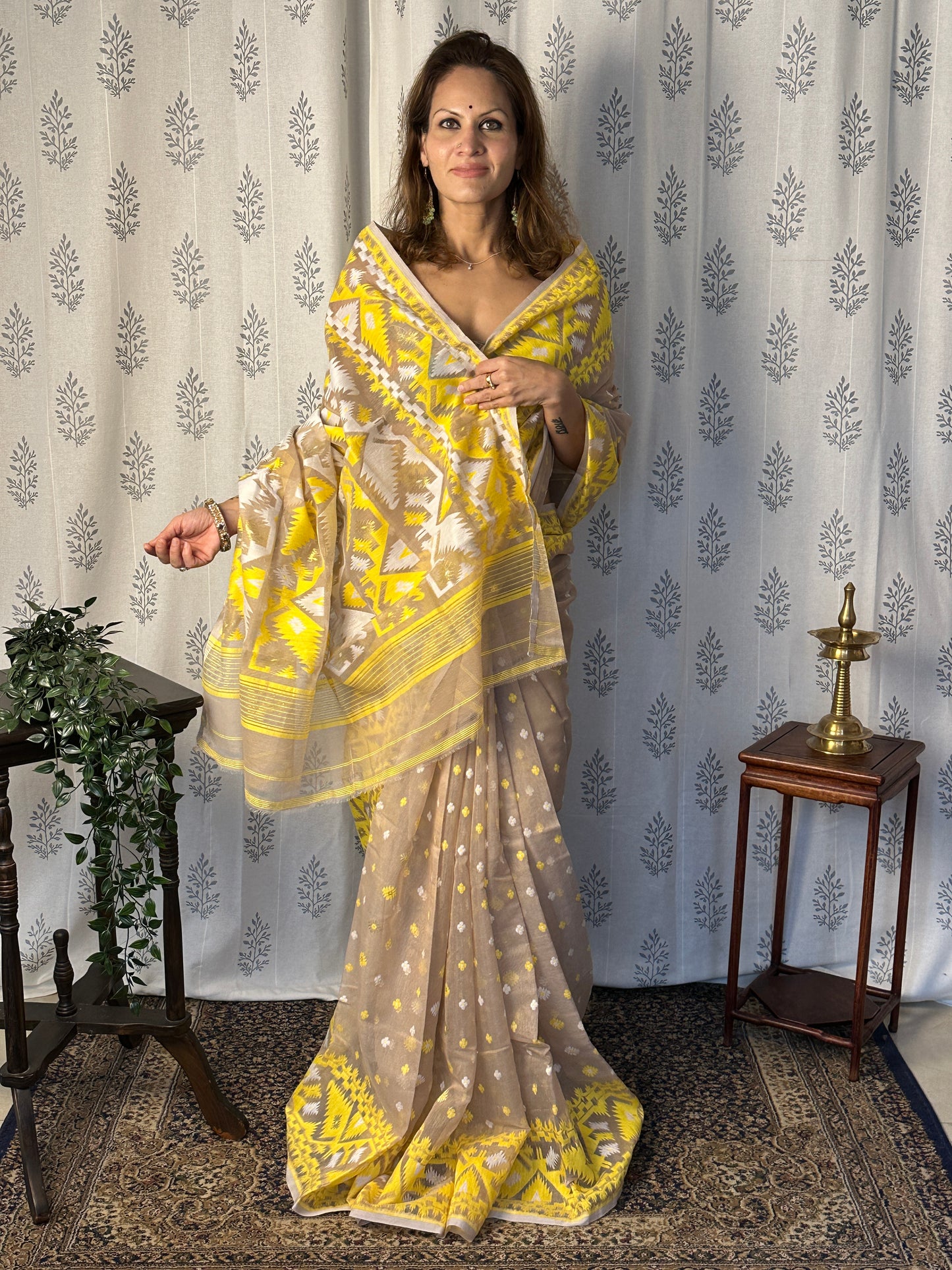 Nude & Yellow Jacquard Weaving Cotton Silk Jamdani Sari with Zari Work