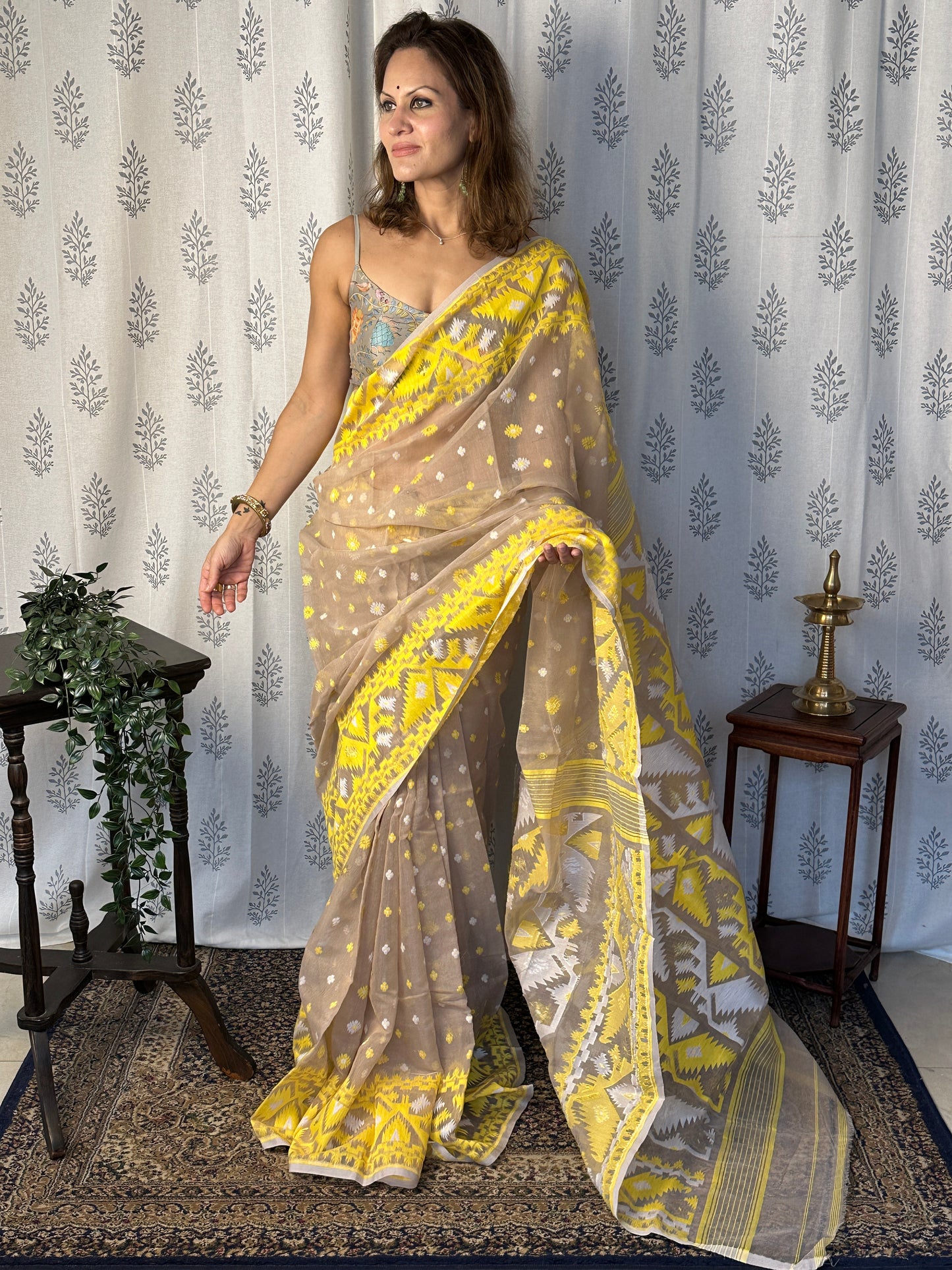 Nude & Yellow Jacquard Weaving Cotton Silk Jamdani Sari with Zari Work