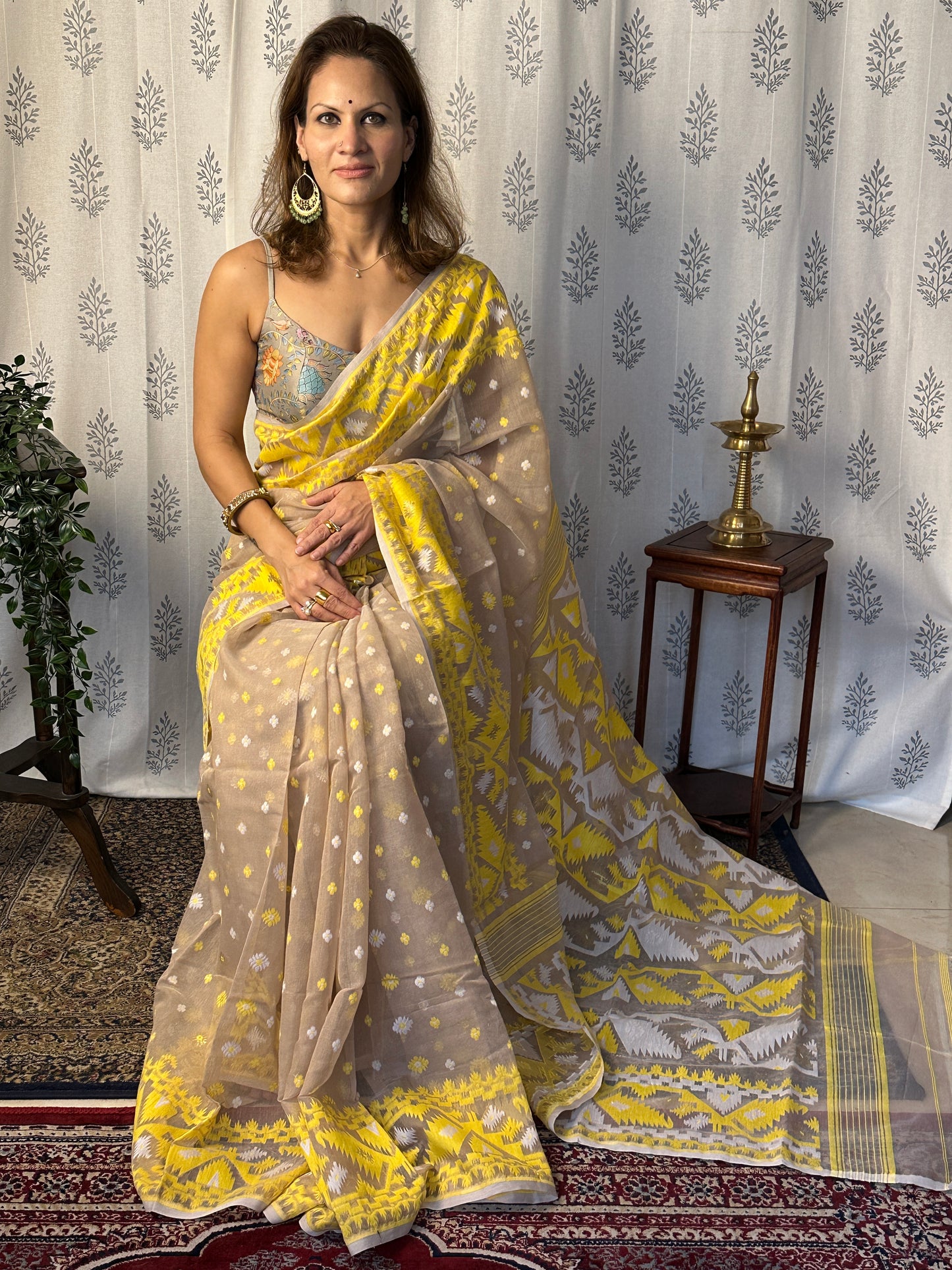 Nude & Yellow Jacquard Weaving Cotton Silk Jamdani Sari with Zari Work