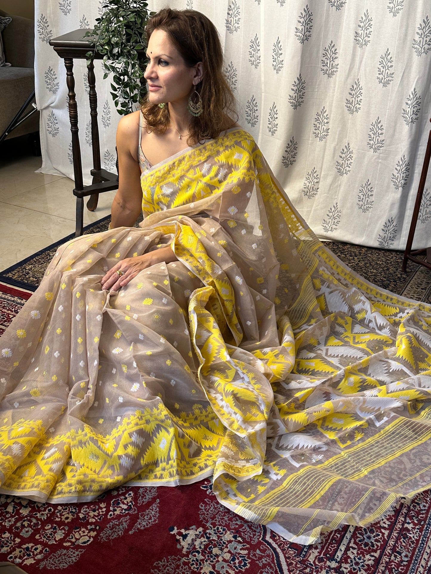 Nude & Yellow Jacquard Weaving Cotton Silk Jamdani Sari with Zari Work