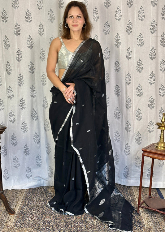 Black Pure Linen Sari with Banarasi Silver Zari Work