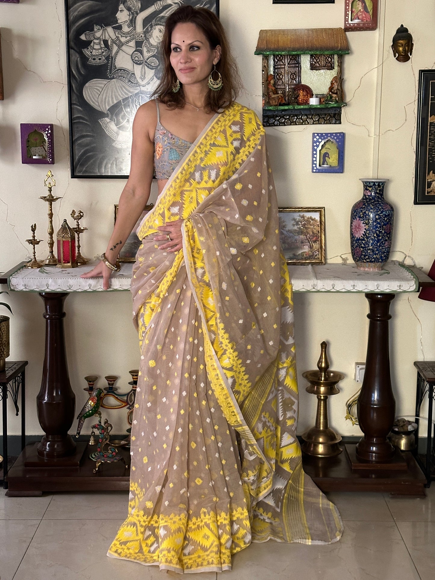 Nude & Yellow Jacquard Weaving Cotton Silk Jamdani Sari with Zari Work