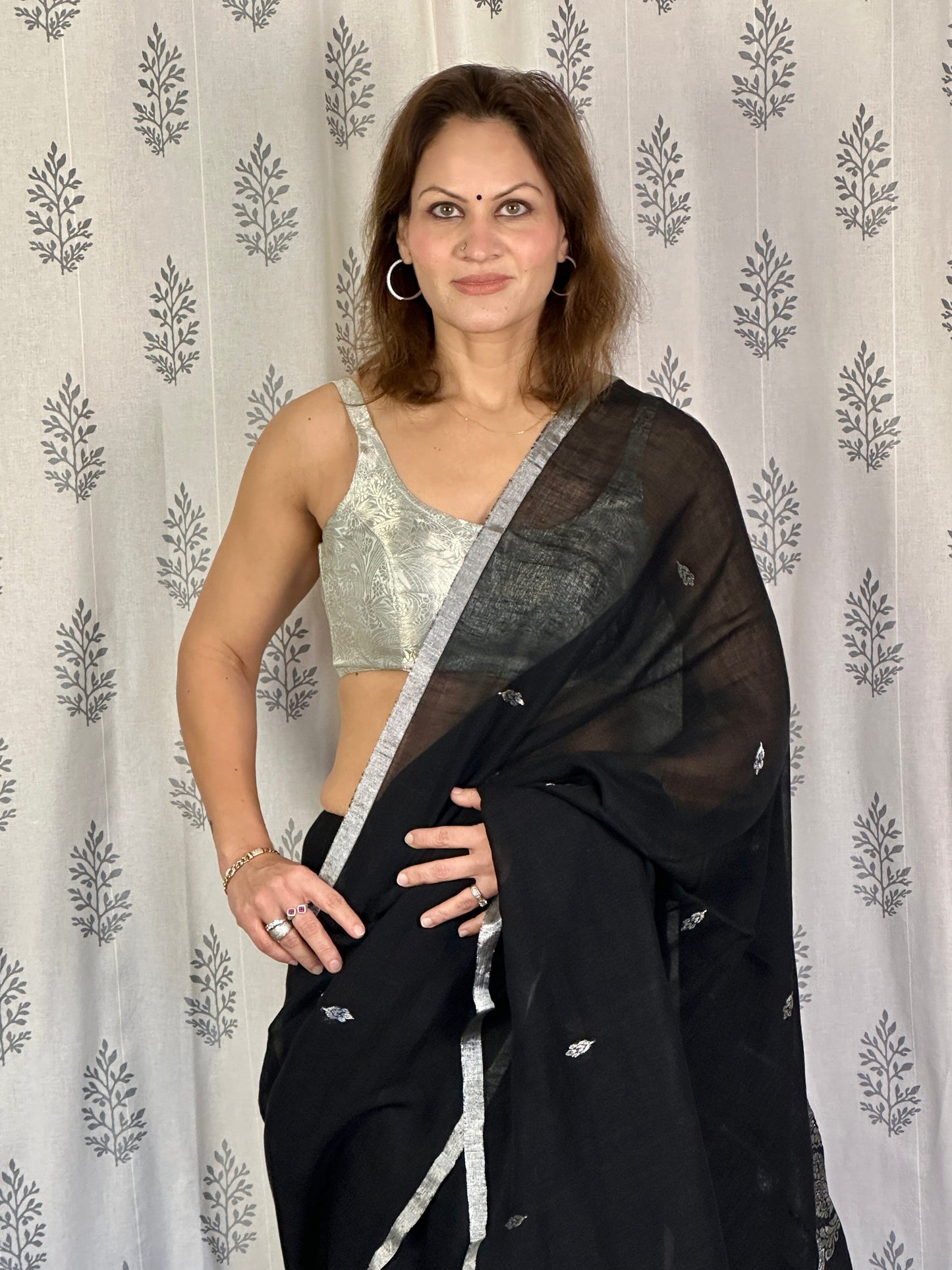 Black Pure Linen Sari with Banarasi Silver Zari Work