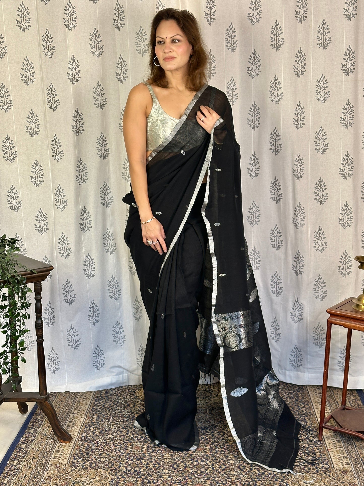 Black Pure Linen Sari with Banarasi Silver Zari Work