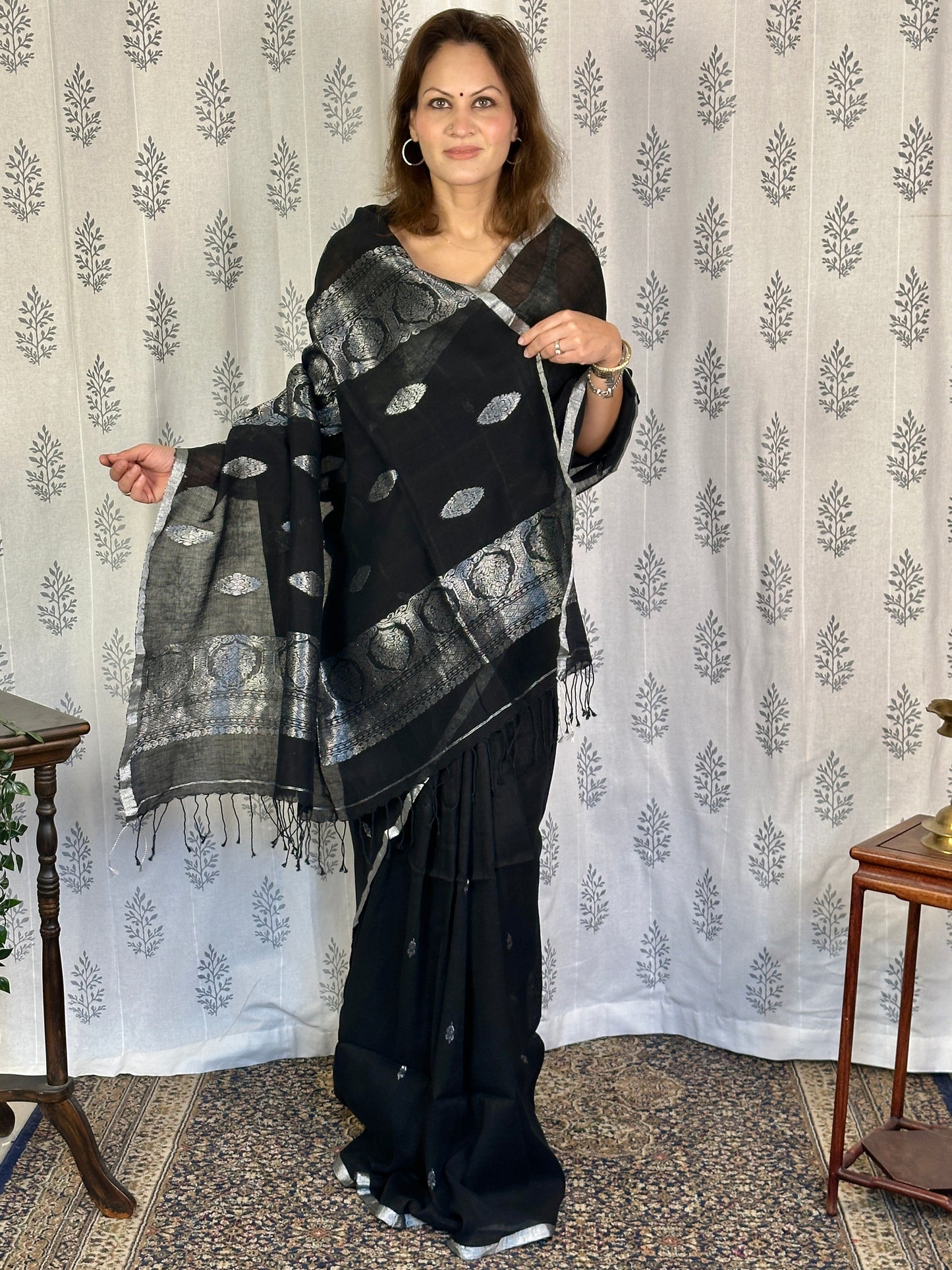 Black Pure Linen Sari with Banarasi Silver Zari Work