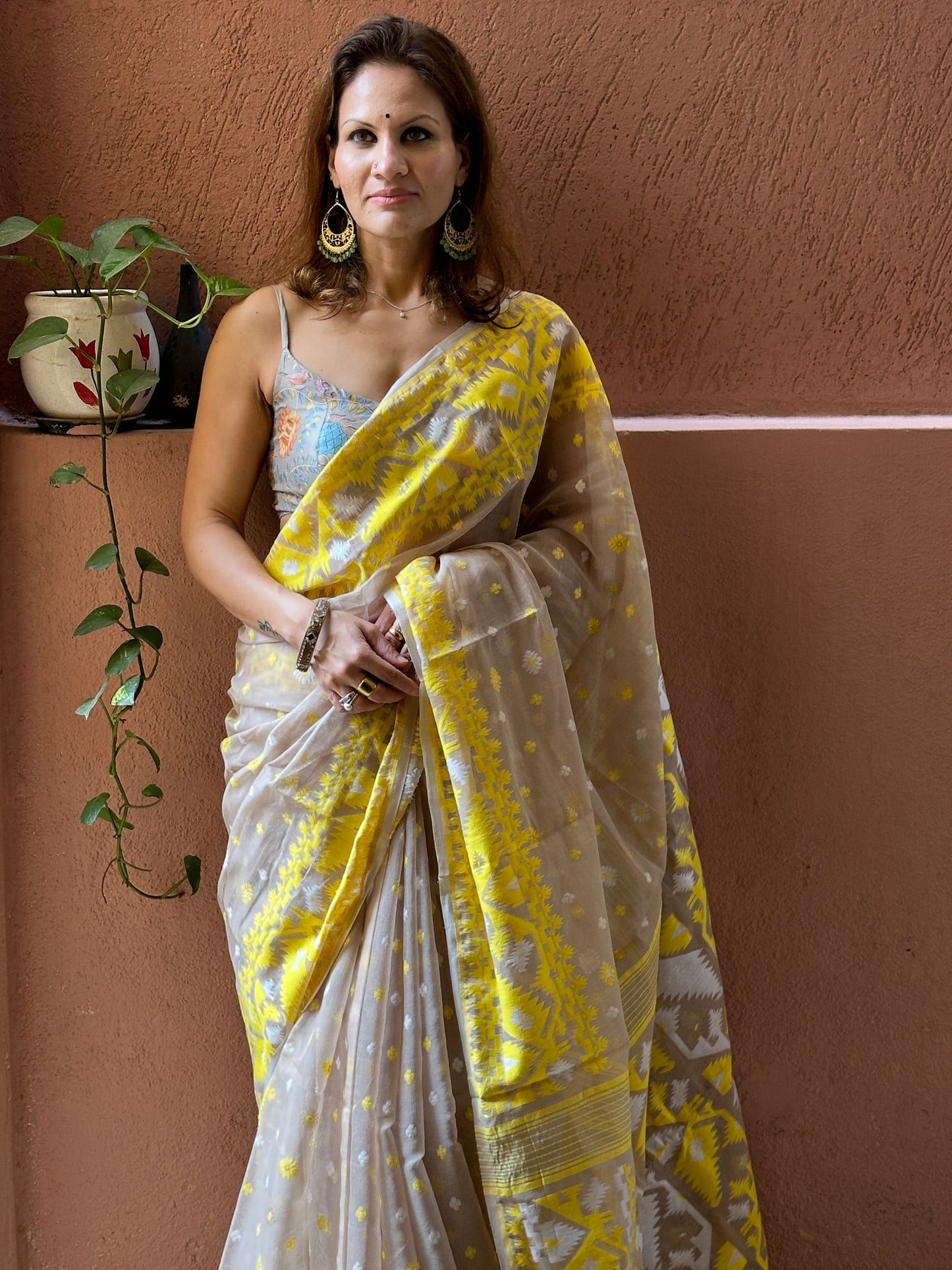 Nude & Yellow Jacquard Weaving Cotton Silk Jamdani Sari with Zari Work