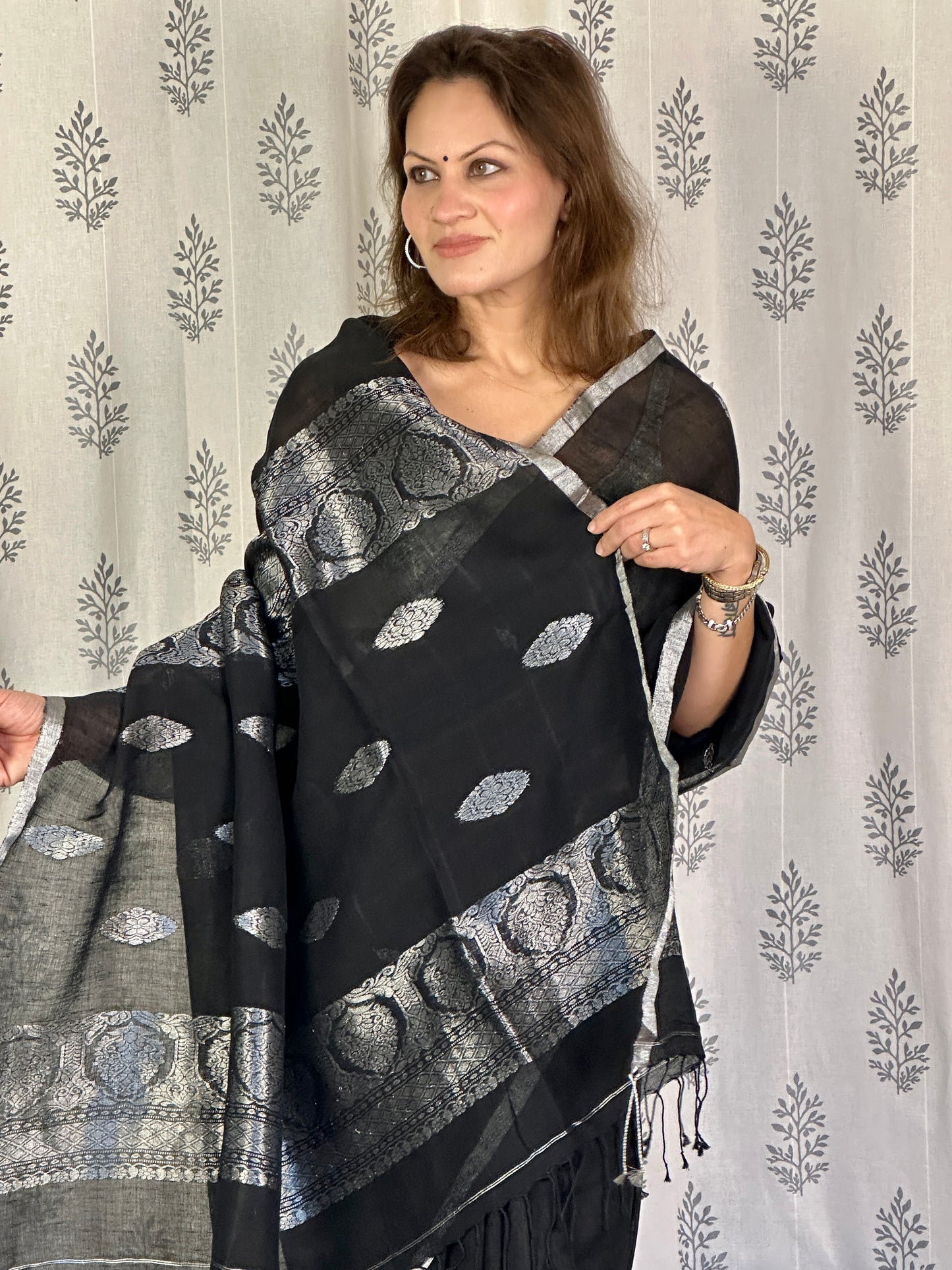 Black Pure Linen Sari with Banarasi Silver Zari Work