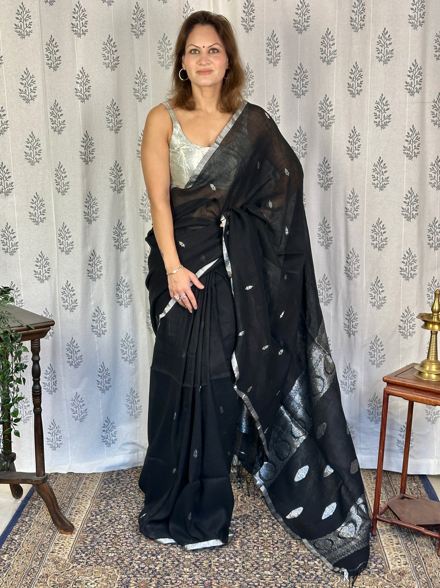 Black Pure Linen Sari with Banarasi Silver Zari Work