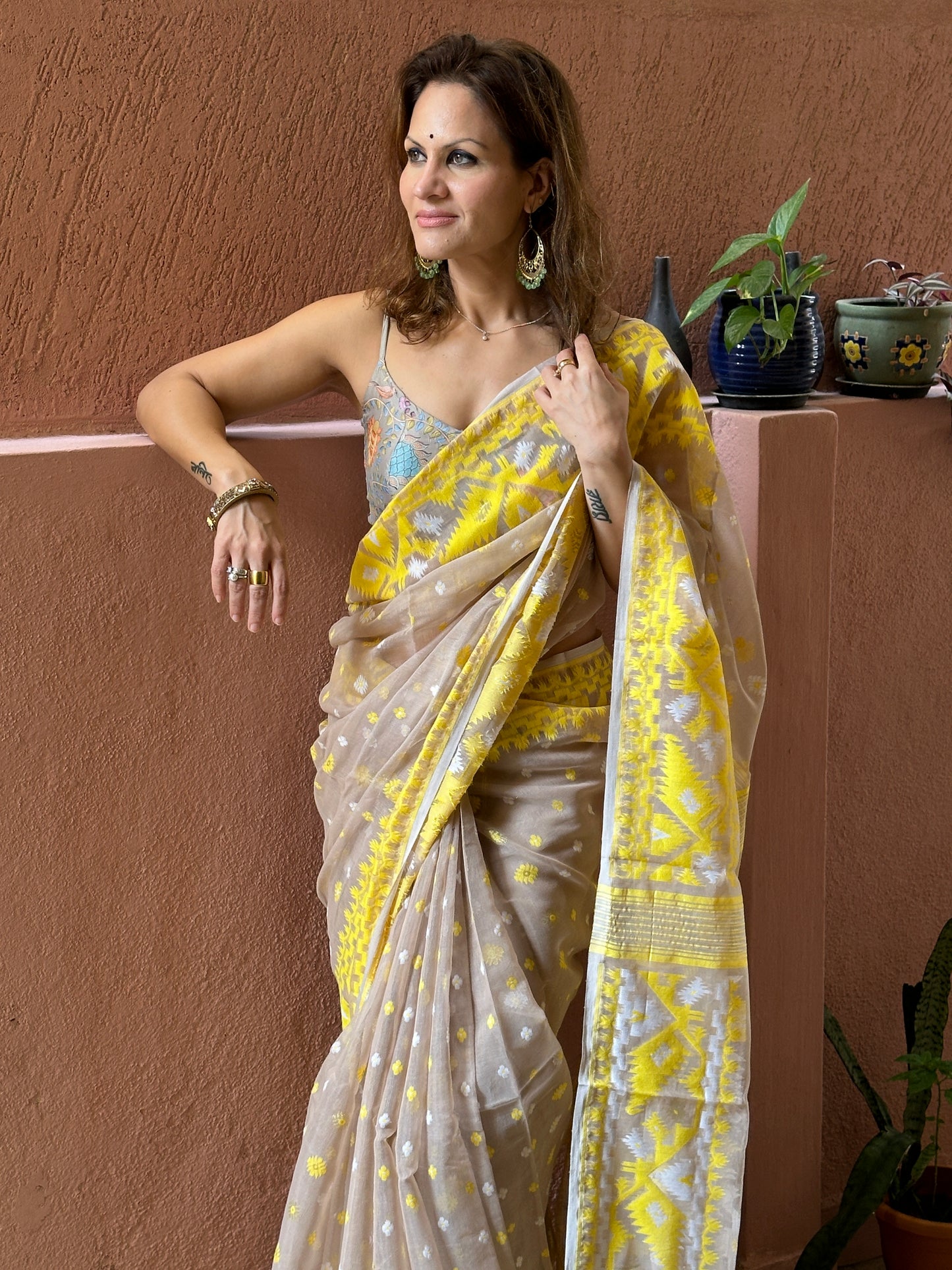 Nude & Yellow Jacquard Weaving Cotton Silk Jamdani Sari with Zari Work