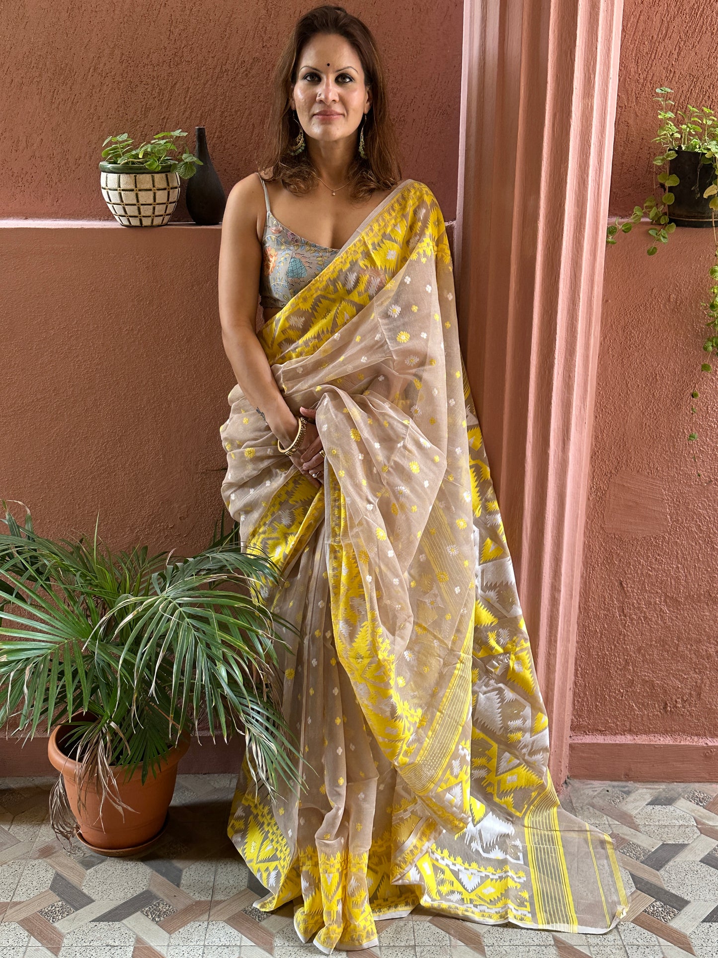 Nude & Yellow Jacquard Weaving Cotton Silk Jamdani Sari with Zari Work