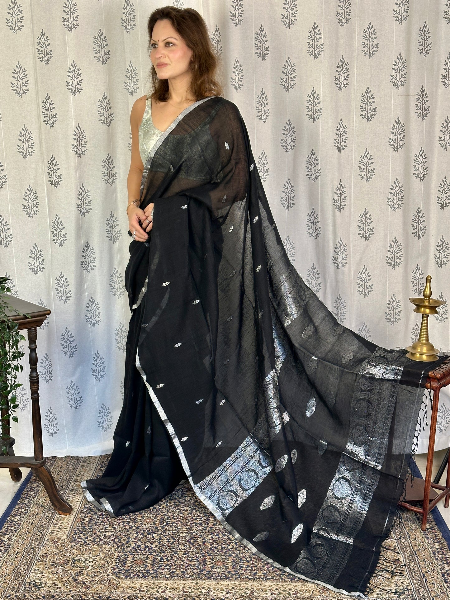 Black Pure Linen Sari with Banarasi Silver Zari Work