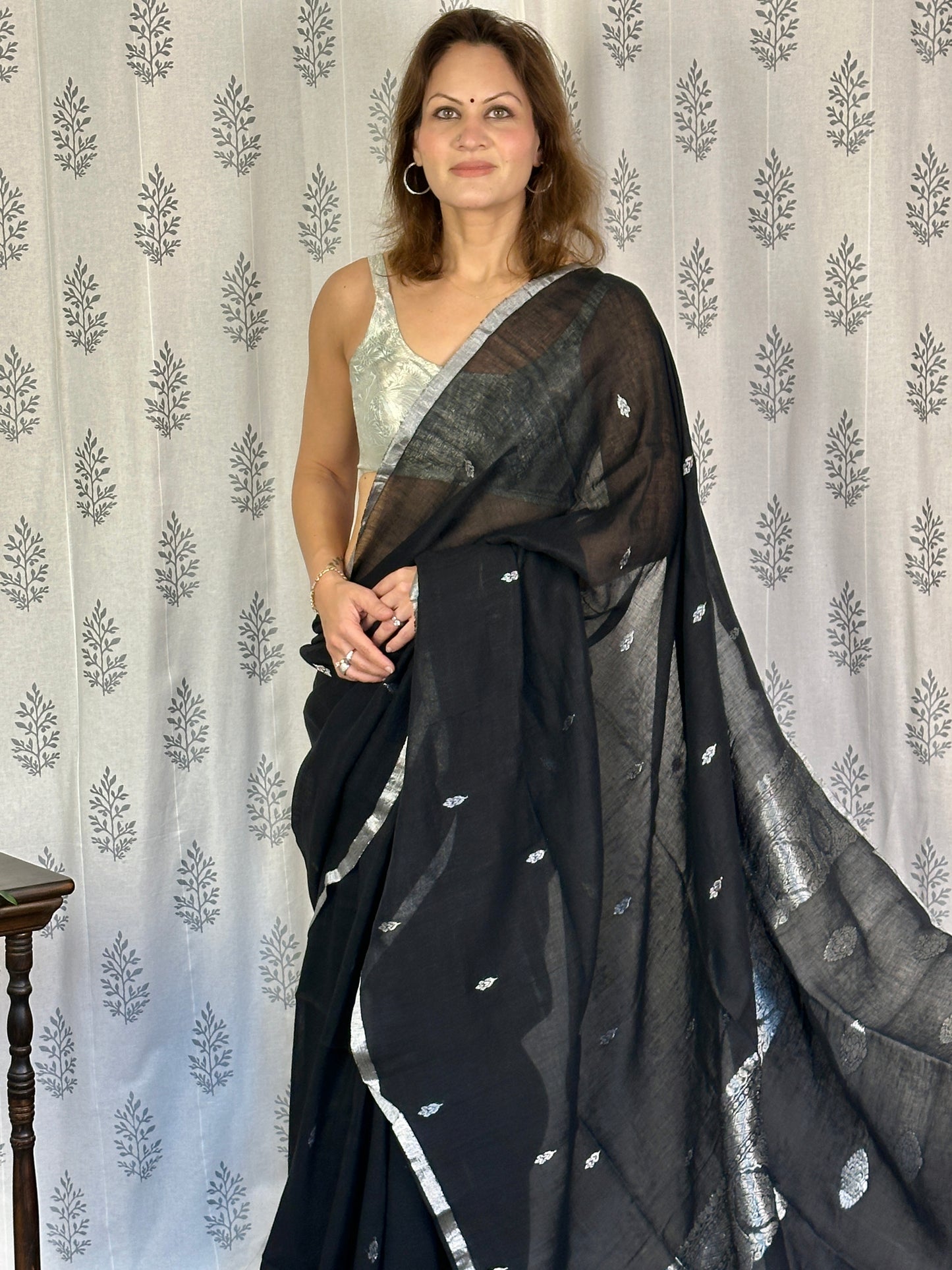 Black Pure Linen Sari with Banarasi Silver Zari Work