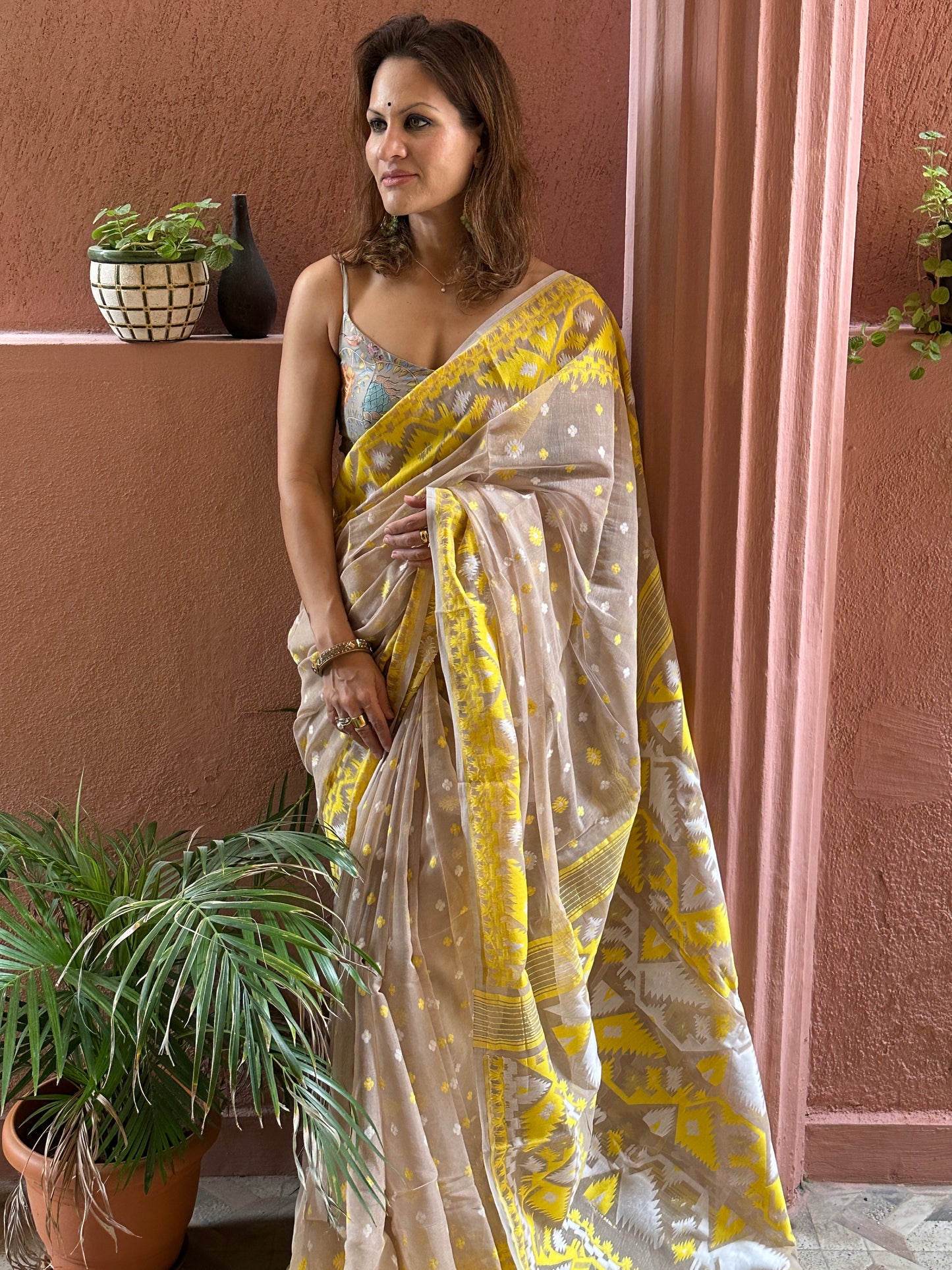 Nude & Yellow Jacquard Weaving Cotton Silk Jamdani Sari with Zari Work