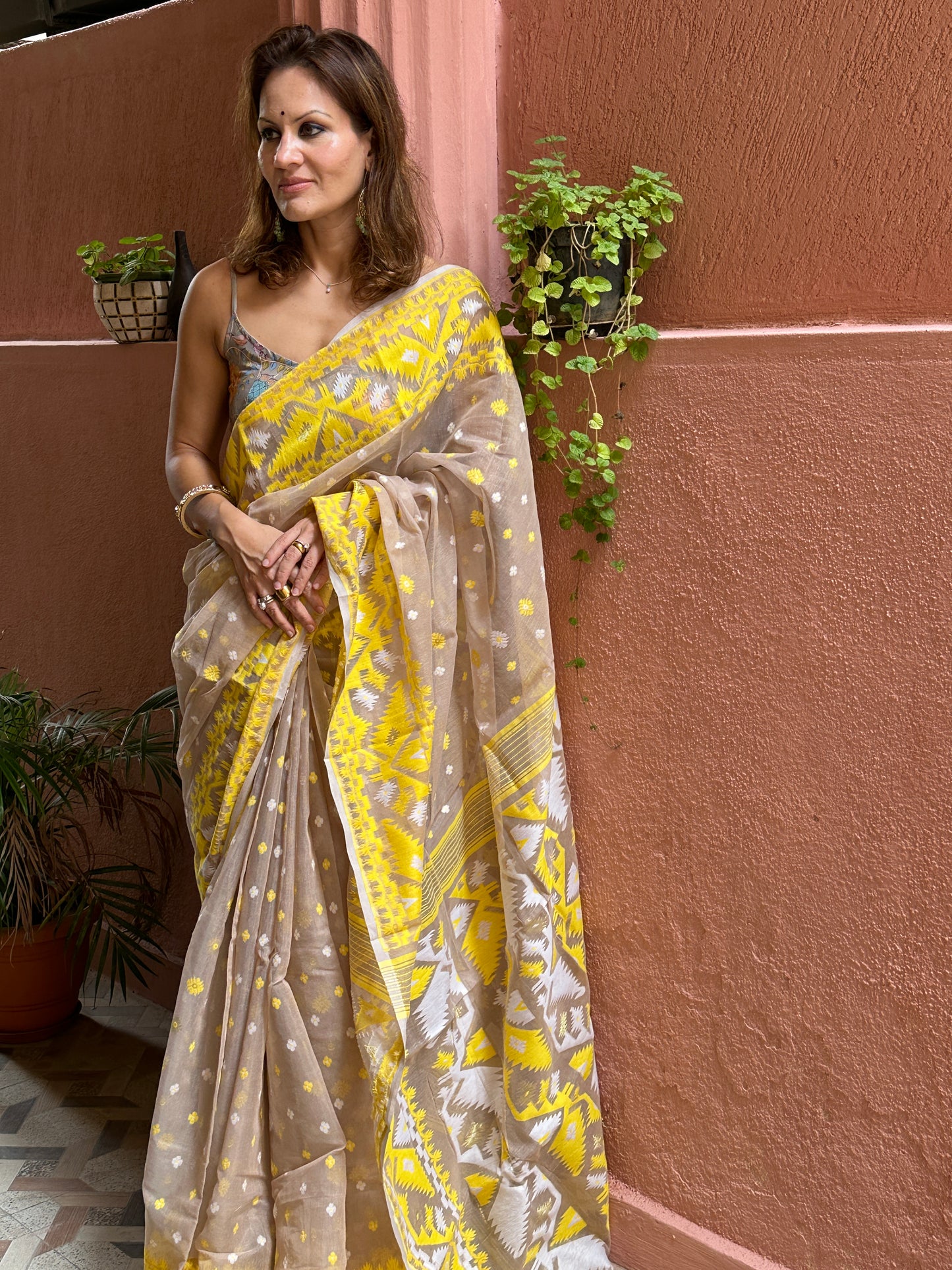 Nude & Yellow Jacquard Weaving Cotton Silk Jamdani Sari with Zari Work