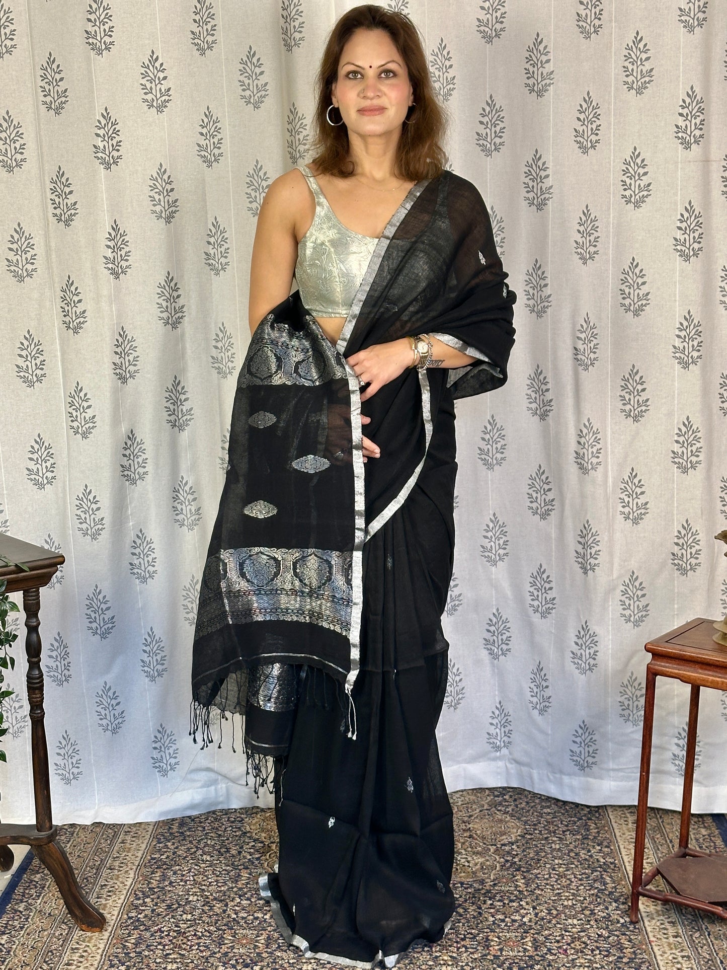 Black Pure Linen Sari with Banarasi Silver Zari Work