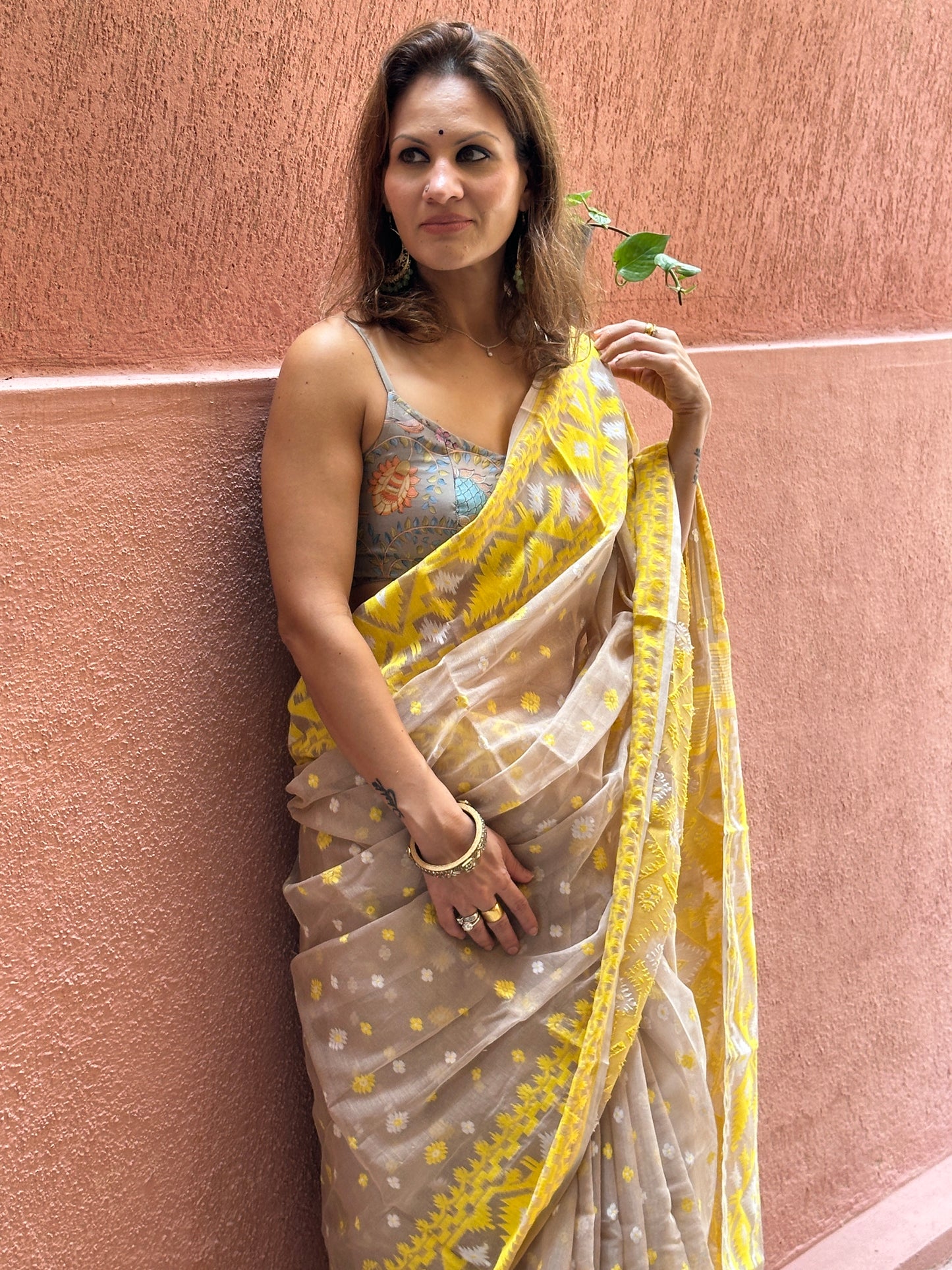 Nude & Yellow Jacquard Weaving Cotton Silk Jamdani Sari with Zari Work