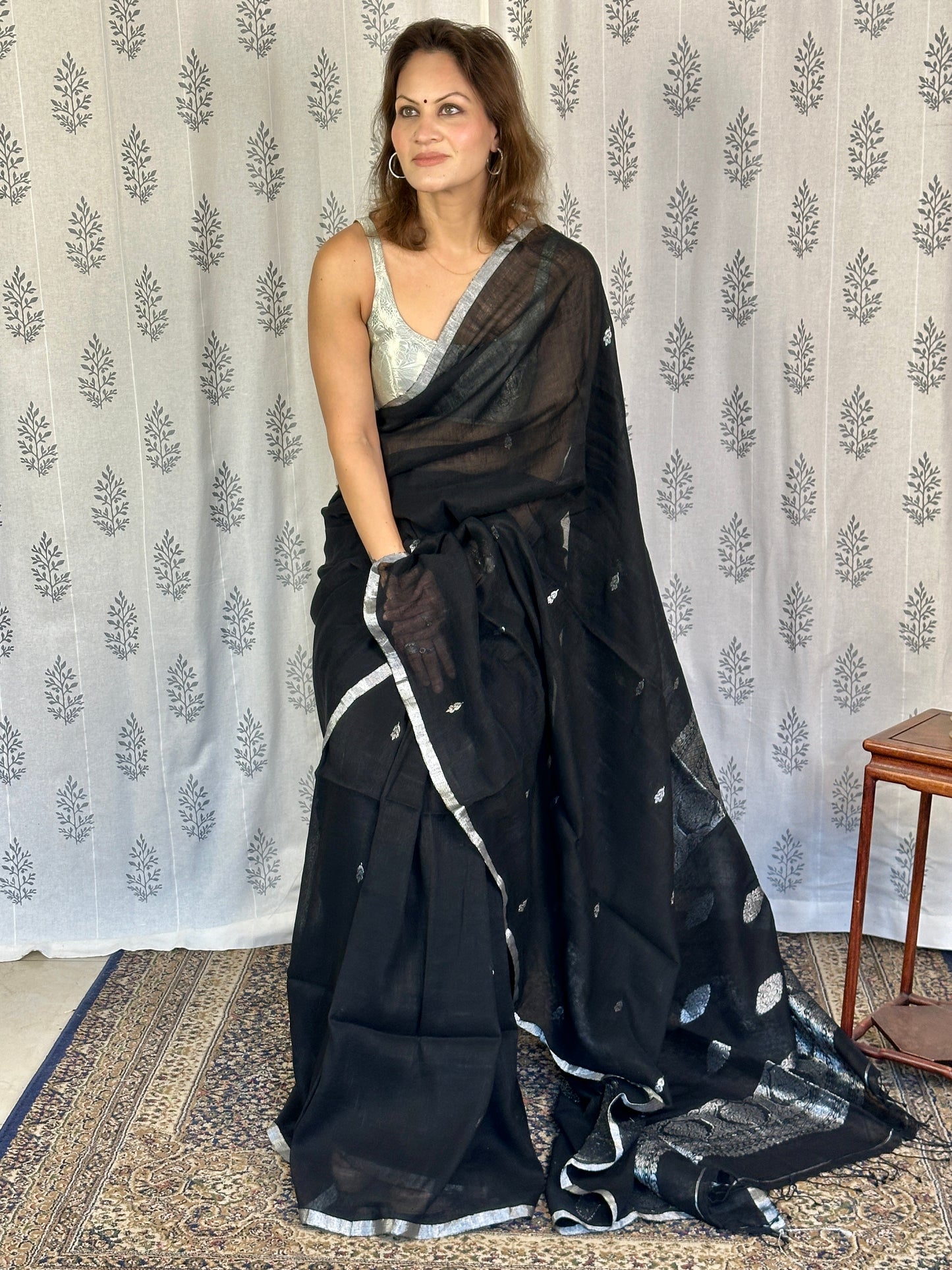 Black Pure Linen Sari with Banarasi Silver Zari Work