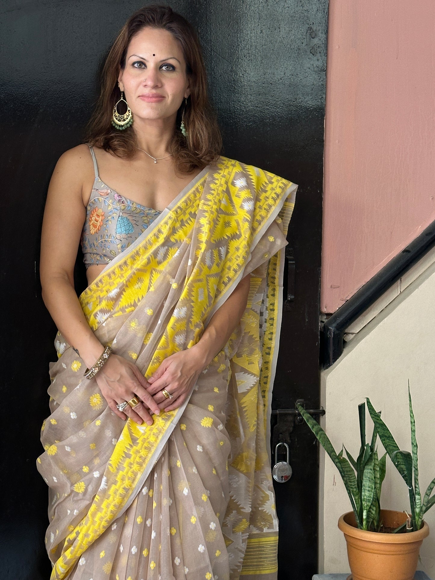 Nude & Yellow Jacquard Weaving Cotton Silk Jamdani Sari with Zari Work