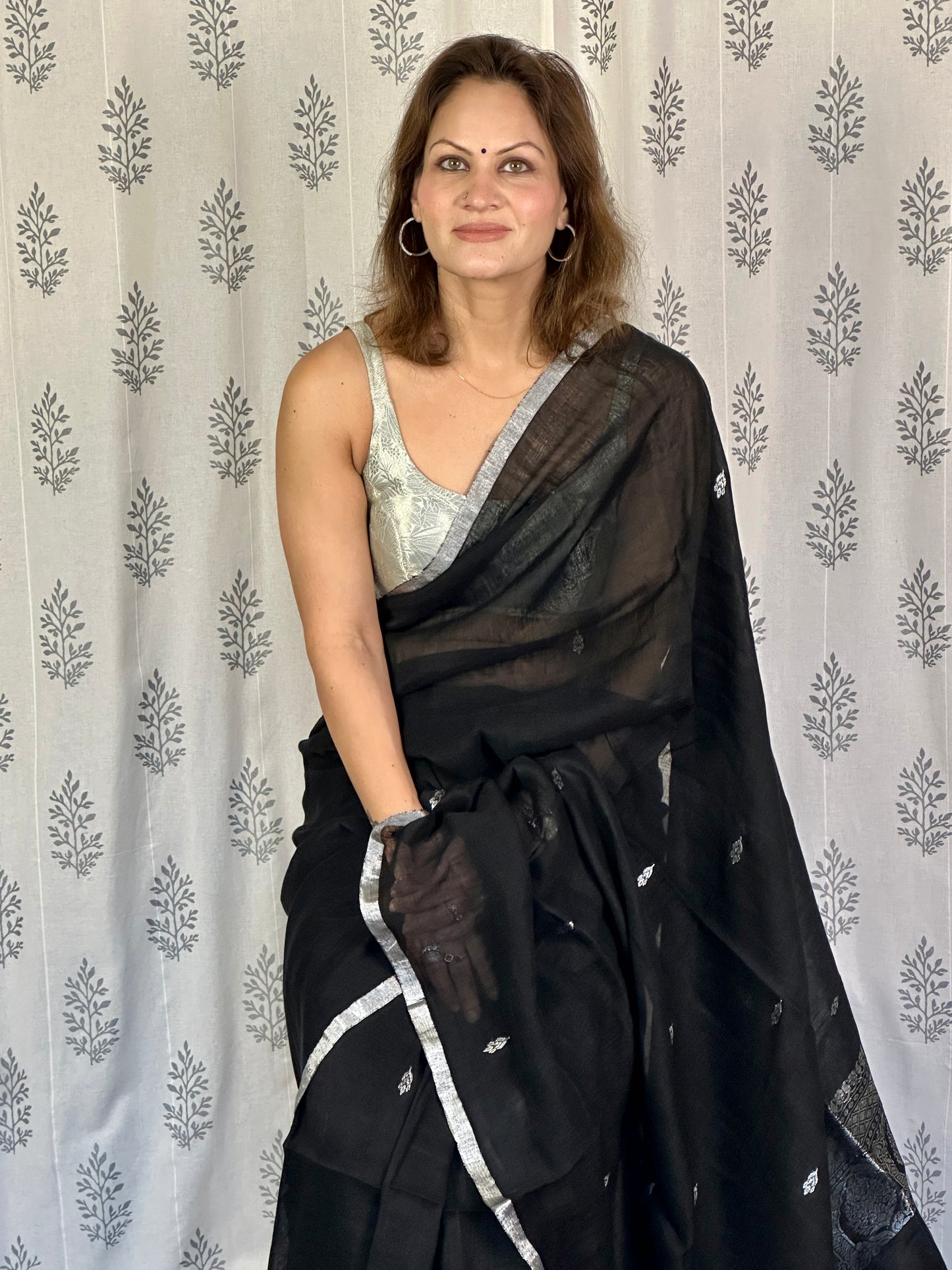 Black Pure Linen Sari with Banarasi Silver Zari Work