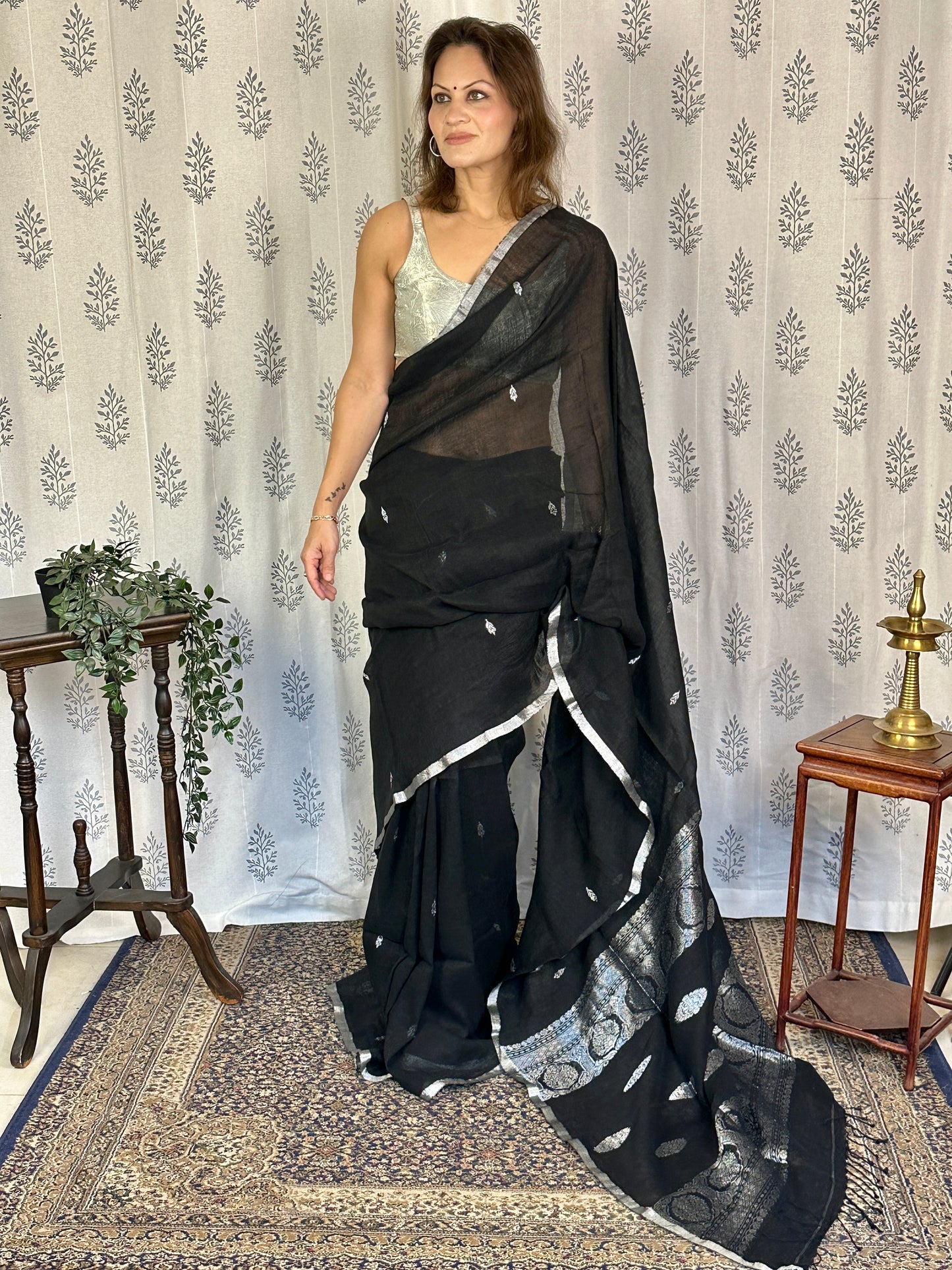 Black Pure Linen Sari with Banarasi Silver Zari Work