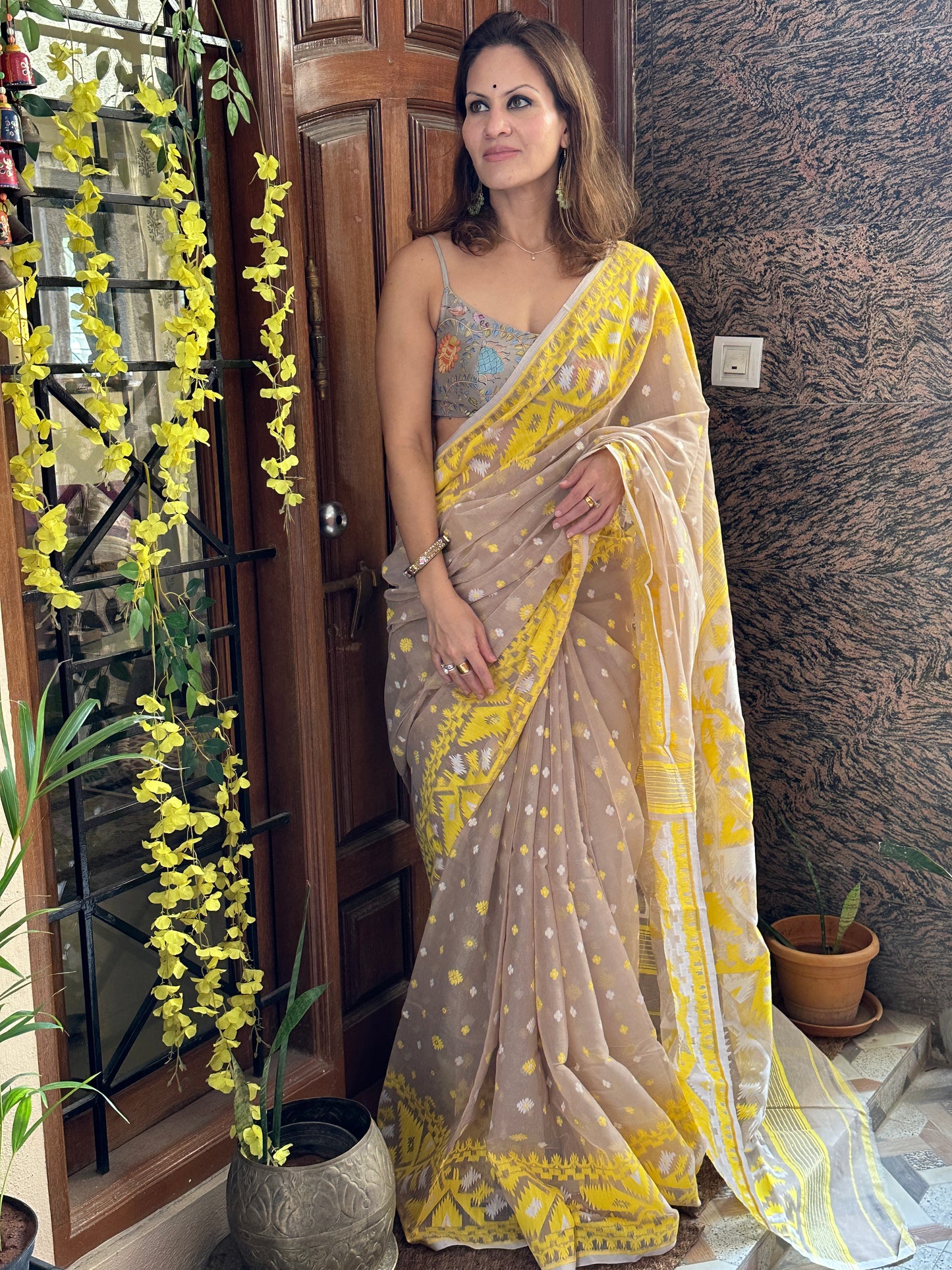 Nude & Yellow Jacquard Weaving Cotton Silk Jamdani Sari with Zari Work