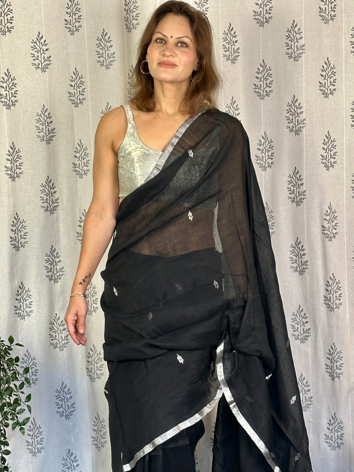 Black Pure Linen Sari with Banarasi Silver Zari Work