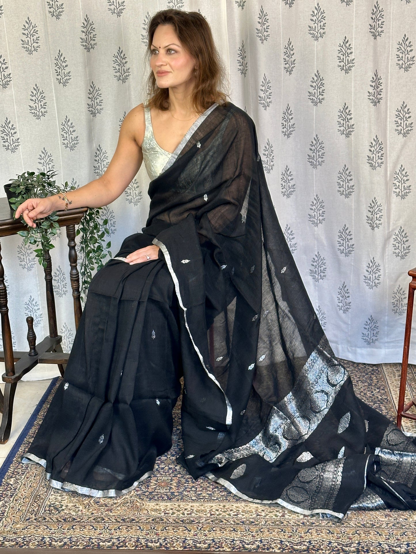 Black Pure Linen Sari with Banarasi Silver Zari Work