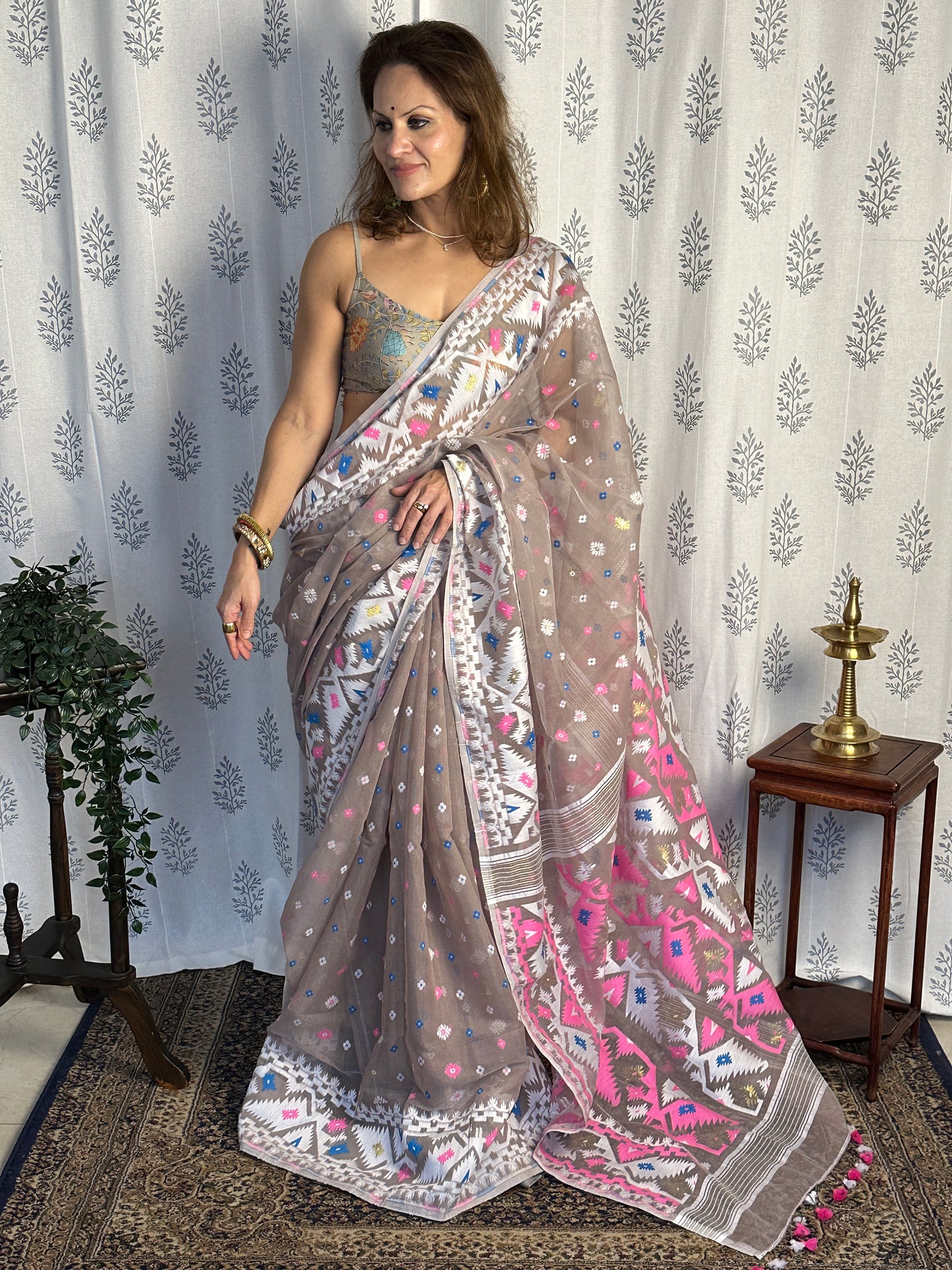 Nude Jacquard Weaving Cotton Silk Jamdani Sari