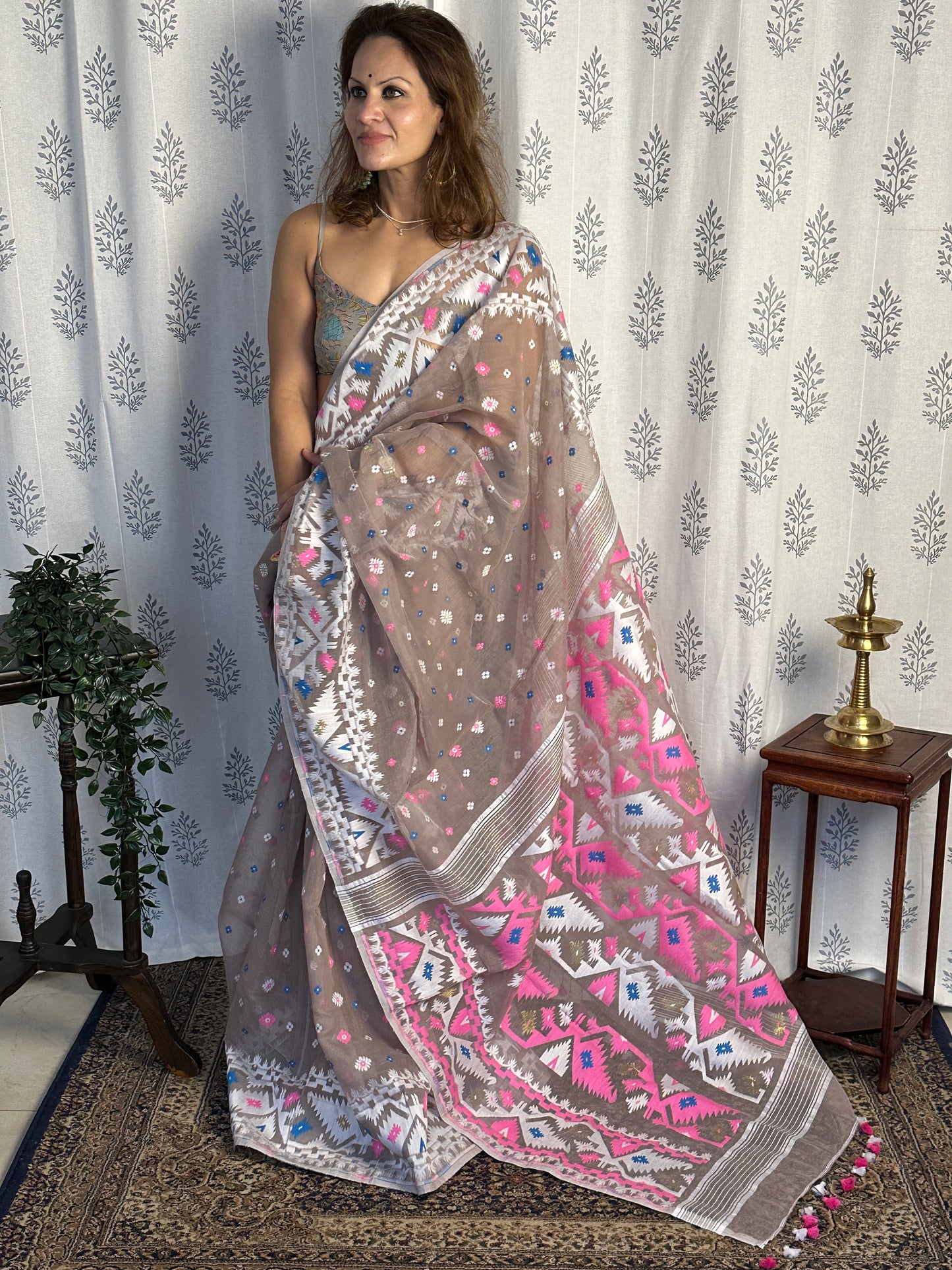 Nude Jacquard Weaving Cotton Silk Jamdani Sari