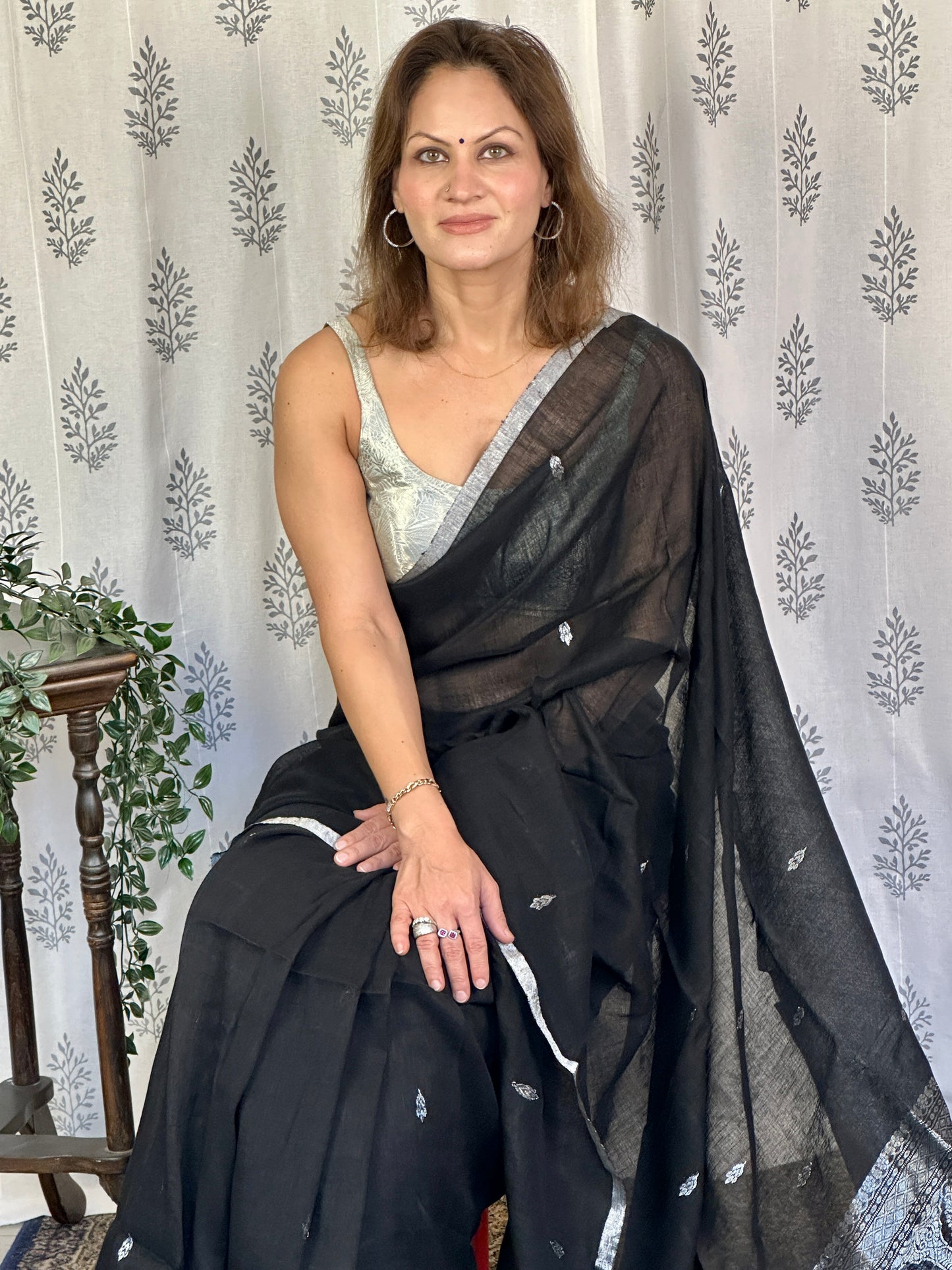 Black Pure Linen Sari with Banarasi Silver Zari Work