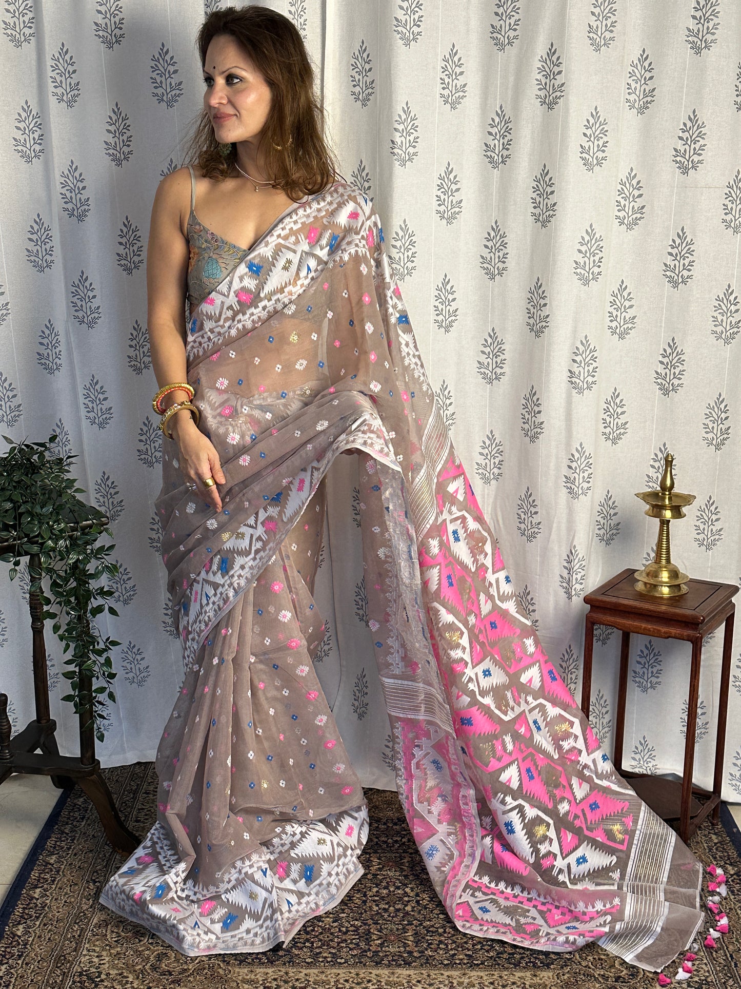 Nude Jacquard Weaving Cotton Silk Jamdani Sari