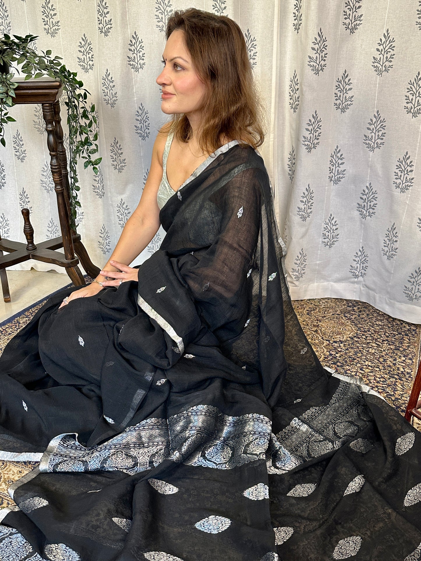 Black Pure Linen Sari with Banarasi Silver Zari Work