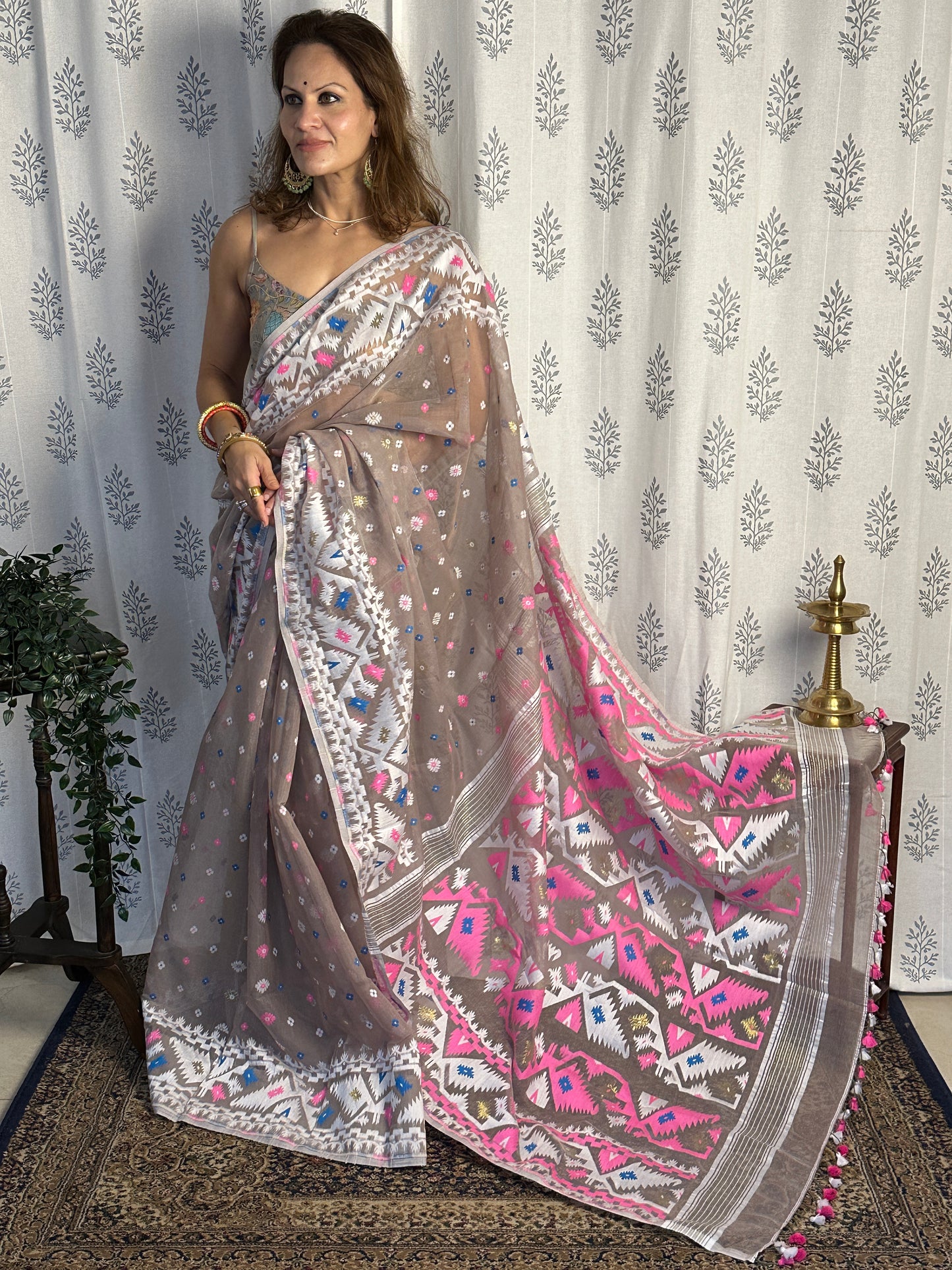 Nude Jacquard Weaving Cotton Silk Jamdani Sari