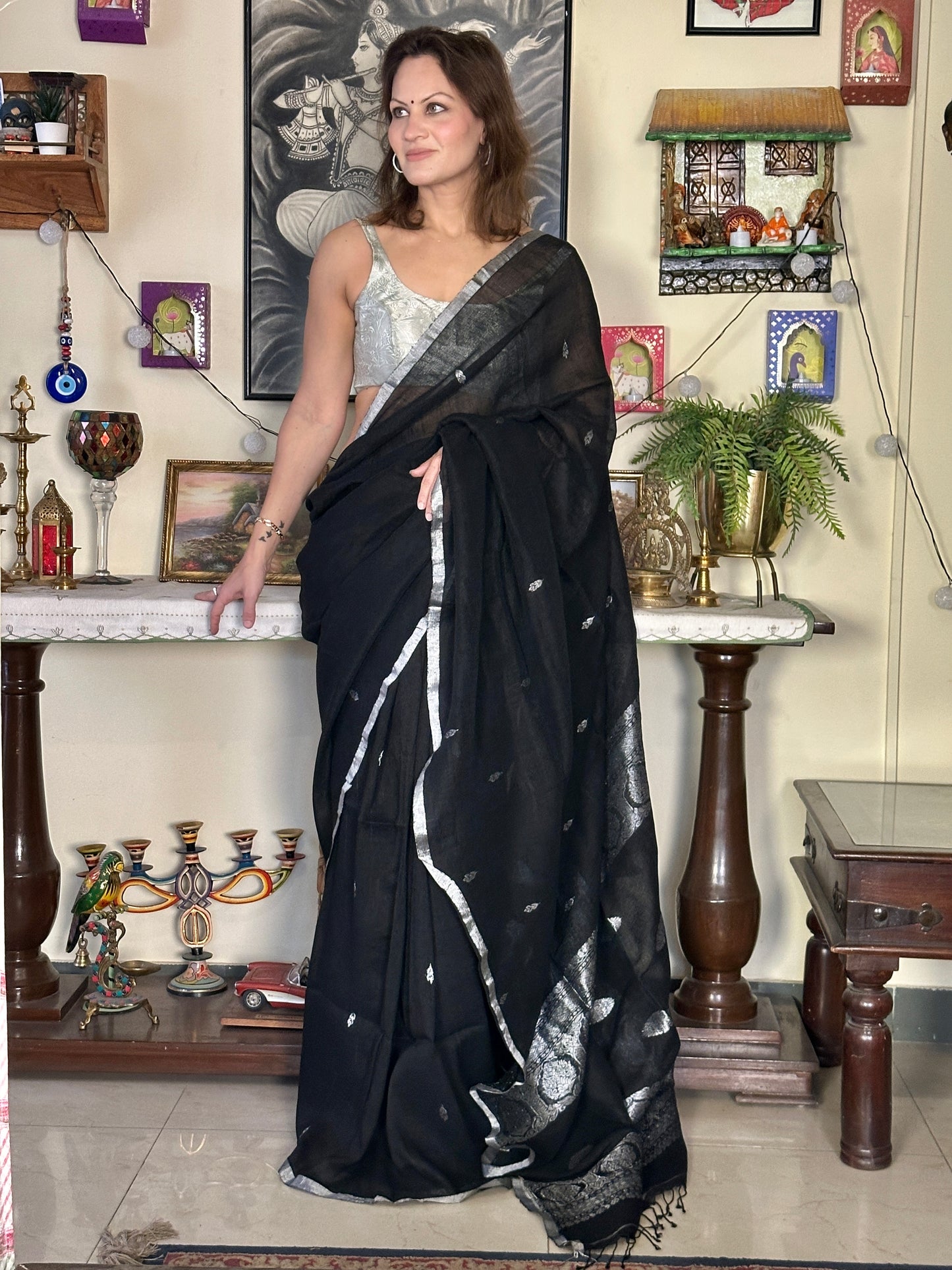 Black Pure Linen Sari with Banarasi Silver Zari Work