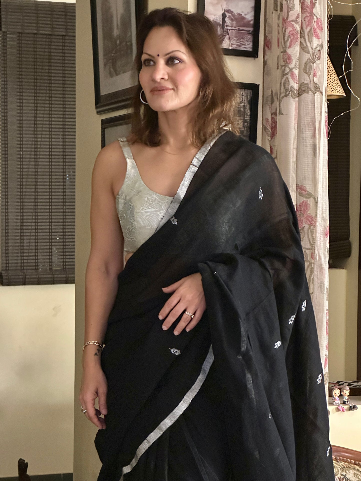 Black Pure Linen Sari with Banarasi Silver Zari Work