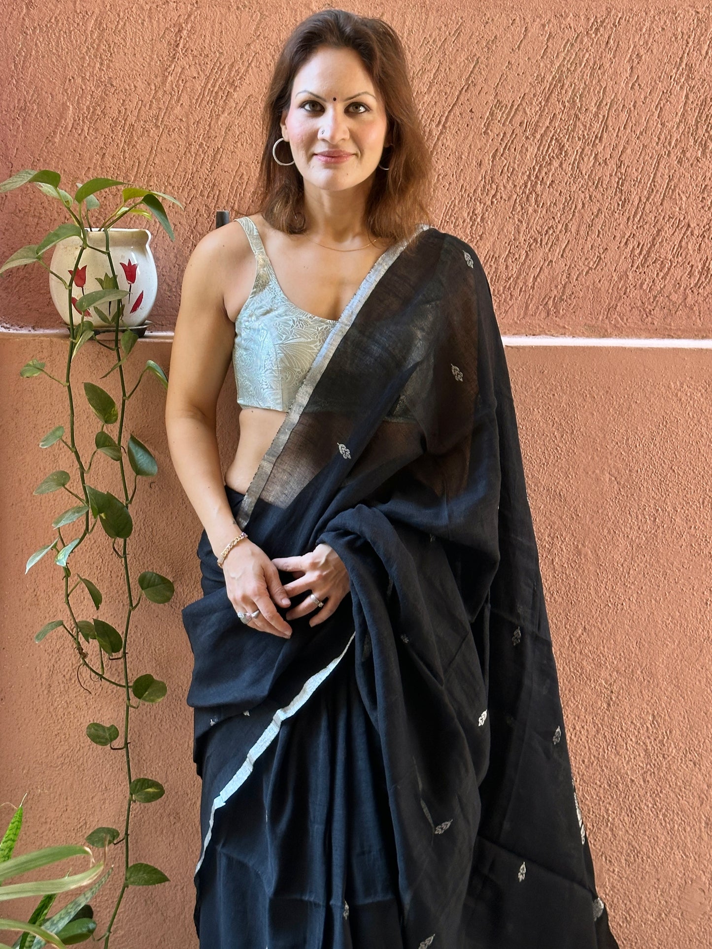 Black Pure Linen Sari with Banarasi Silver Zari Work