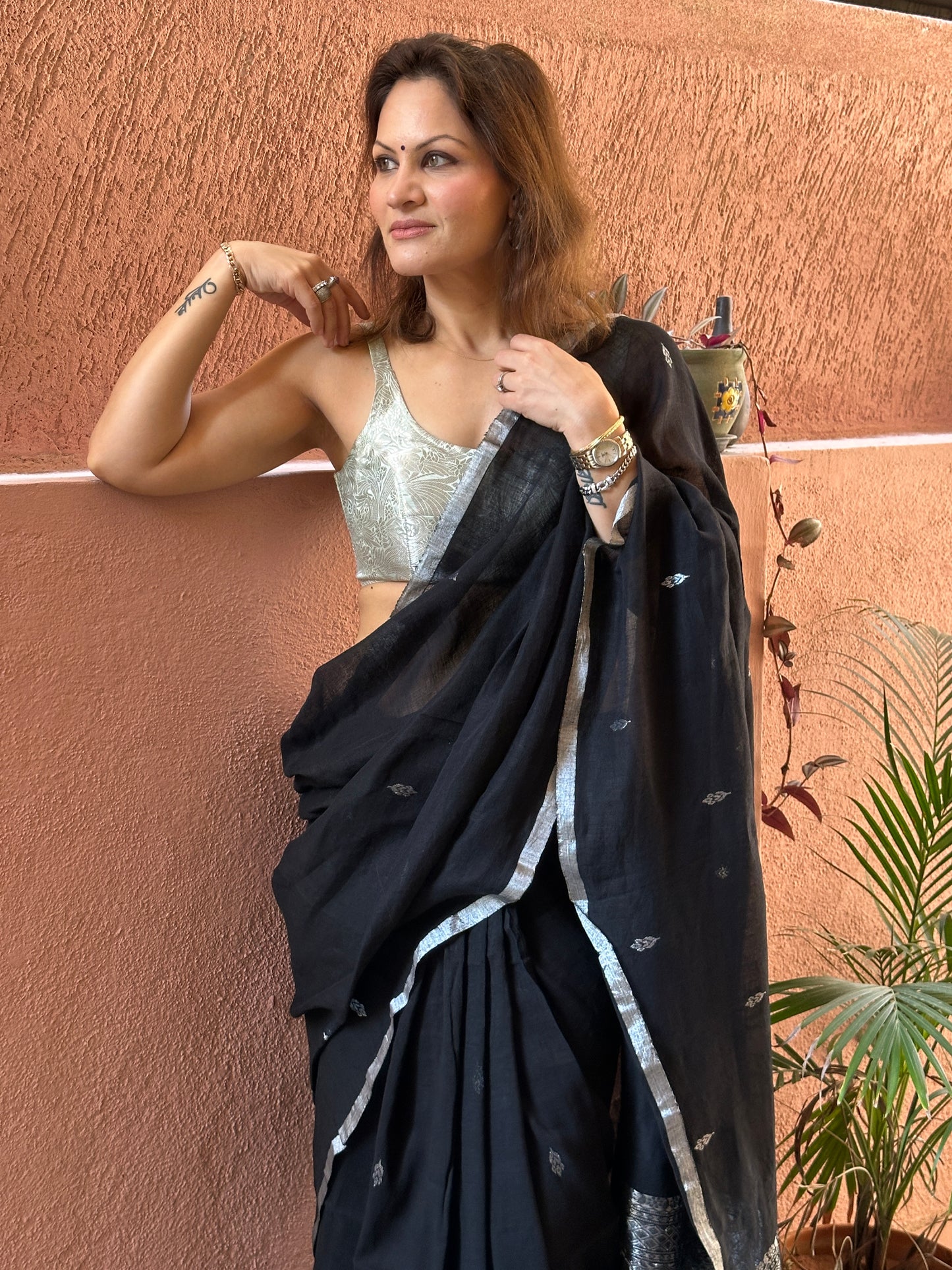 Black Pure Linen Sari with Banarasi Silver Zari Work