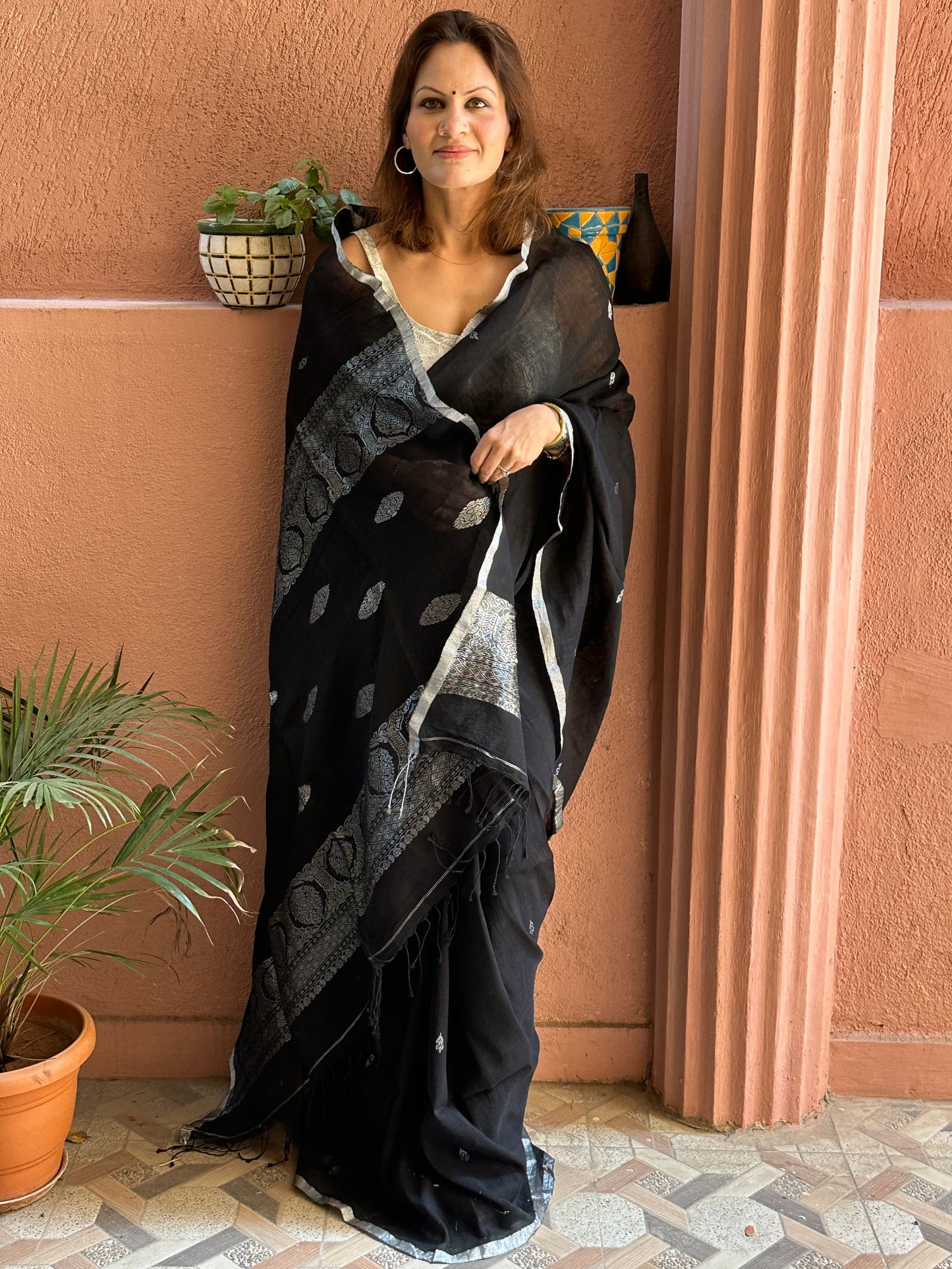 Black Pure Linen Sari with Banarasi Silver Zari Work