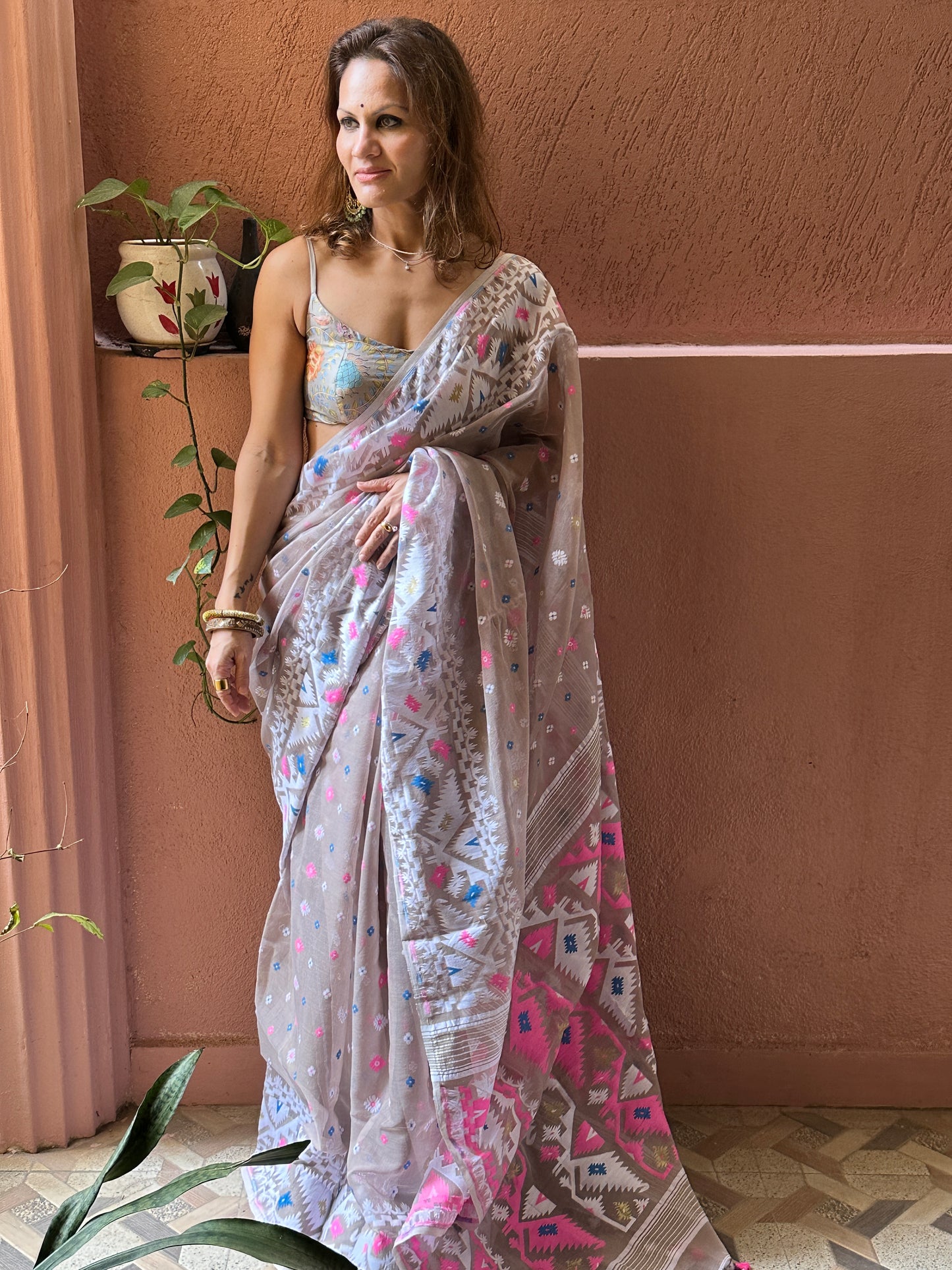 Nude Jacquard Weaving Cotton Silk Jamdani Sari