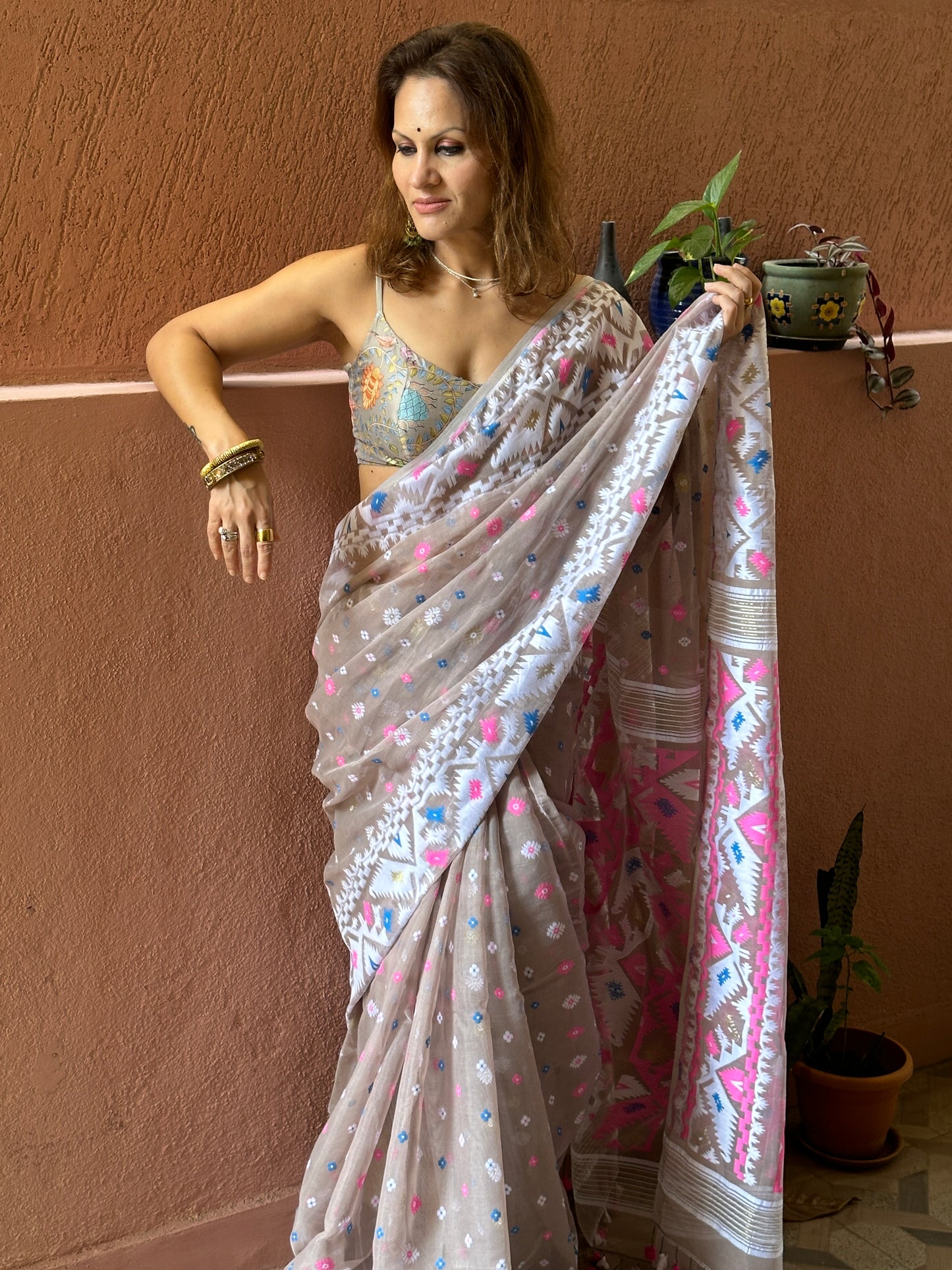 Nude Jacquard Weaving Cotton Silk Jamdani Sari