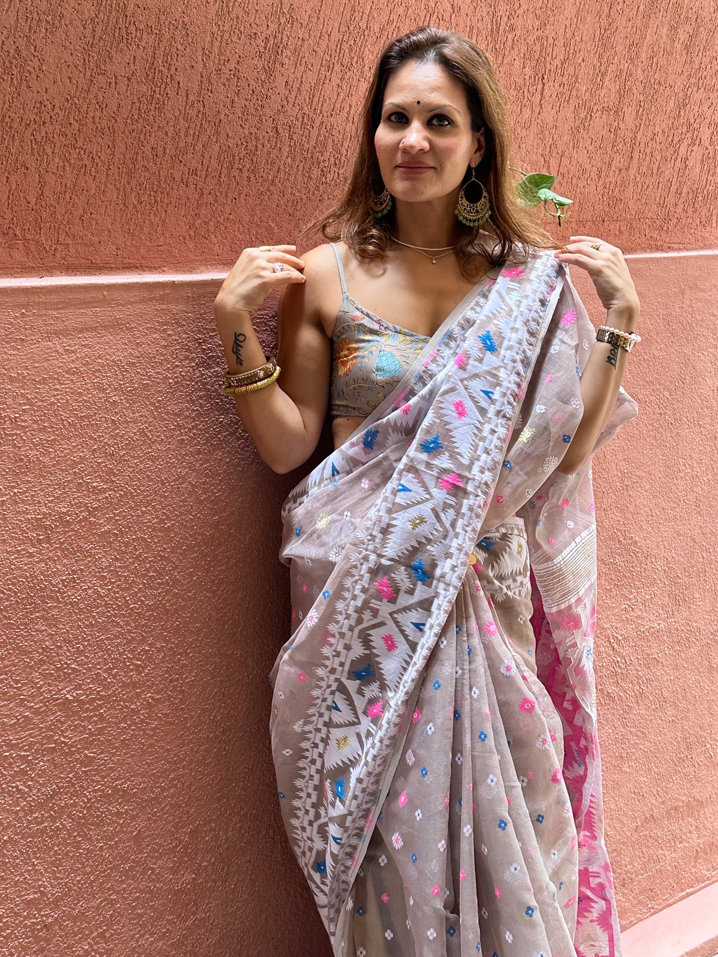 Nude Jacquard Weaving Cotton Silk Jamdani Sari