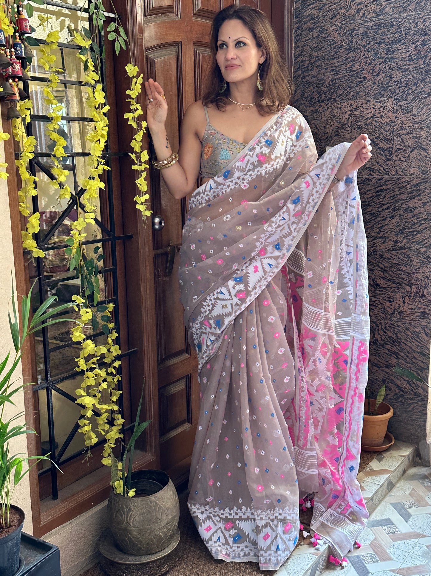 Nude Jacquard Weaving Cotton Silk Jamdani Sari