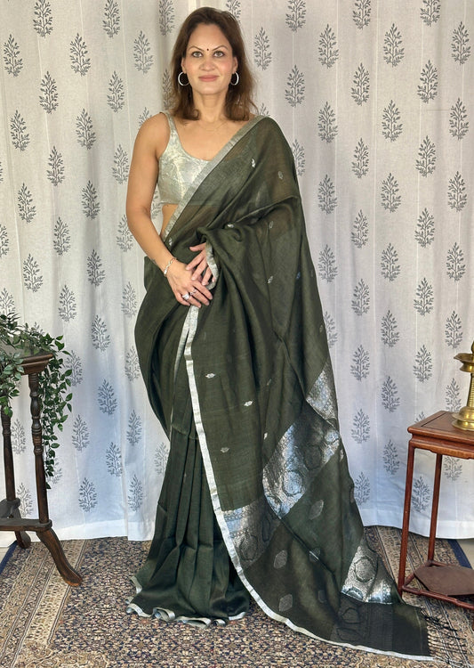 Green Pure Linen Sari with Banarasi Silver Zari Work