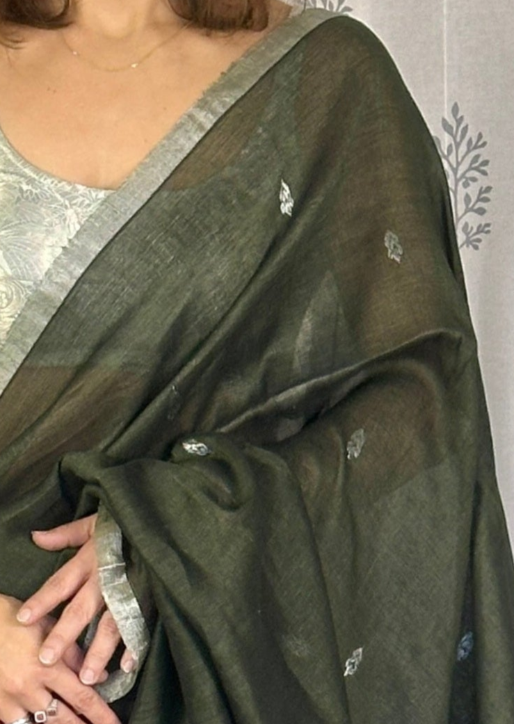 Green Pure Linen Sari with Banarasi Silver Zari Work