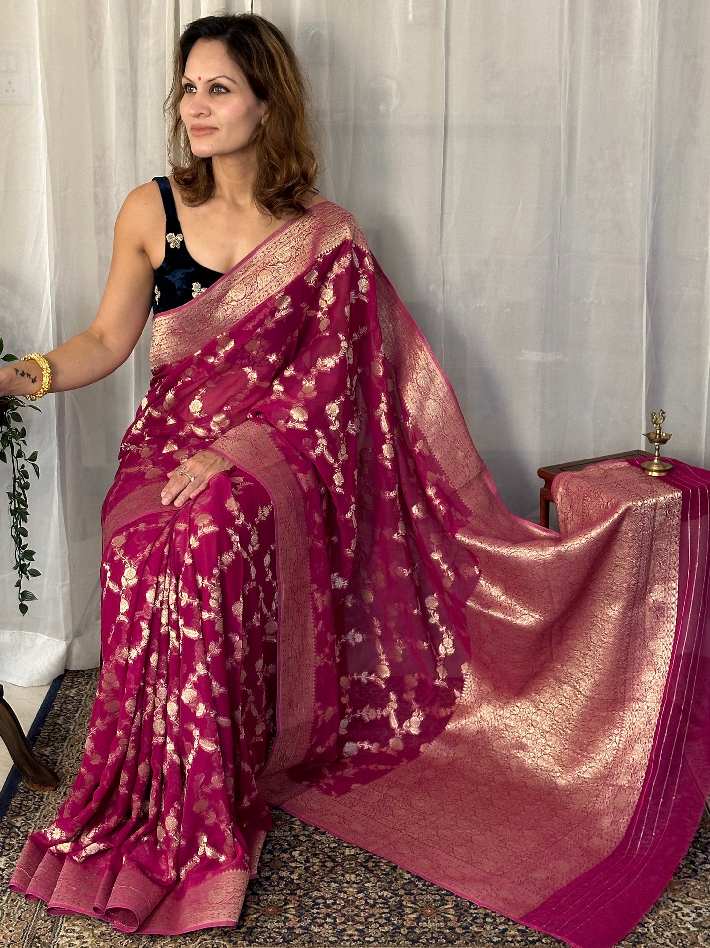 Magenta Pure Viscose Georgette Banarasi Sari with Gold Banarasi Work