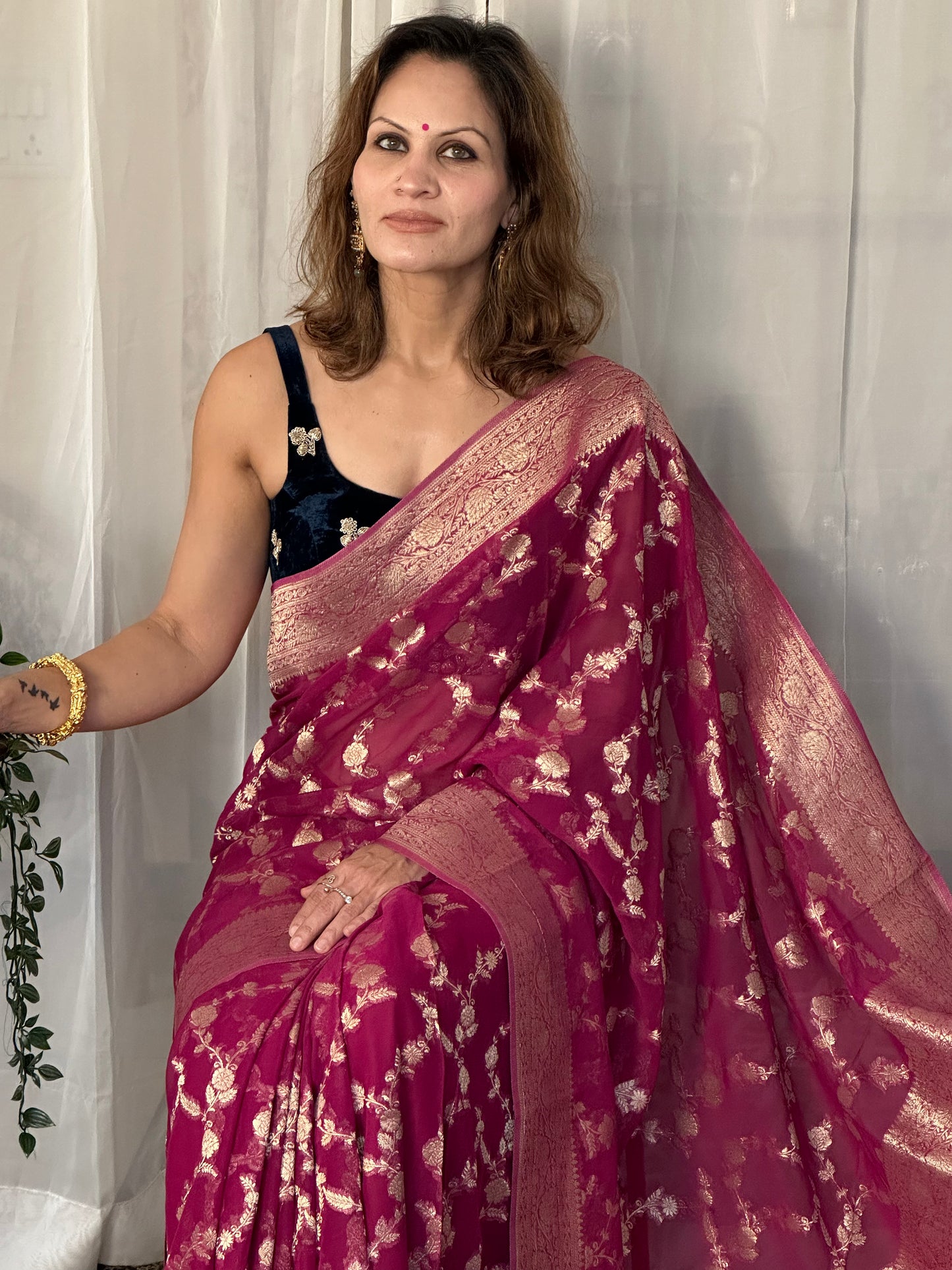 Magenta Pure Viscose Georgette Banarasi Sari with Gold Banarasi Work